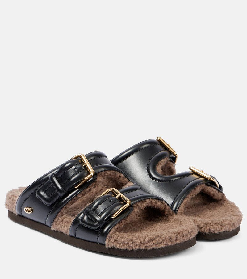 Faux fur-trimmed leather sandals 1