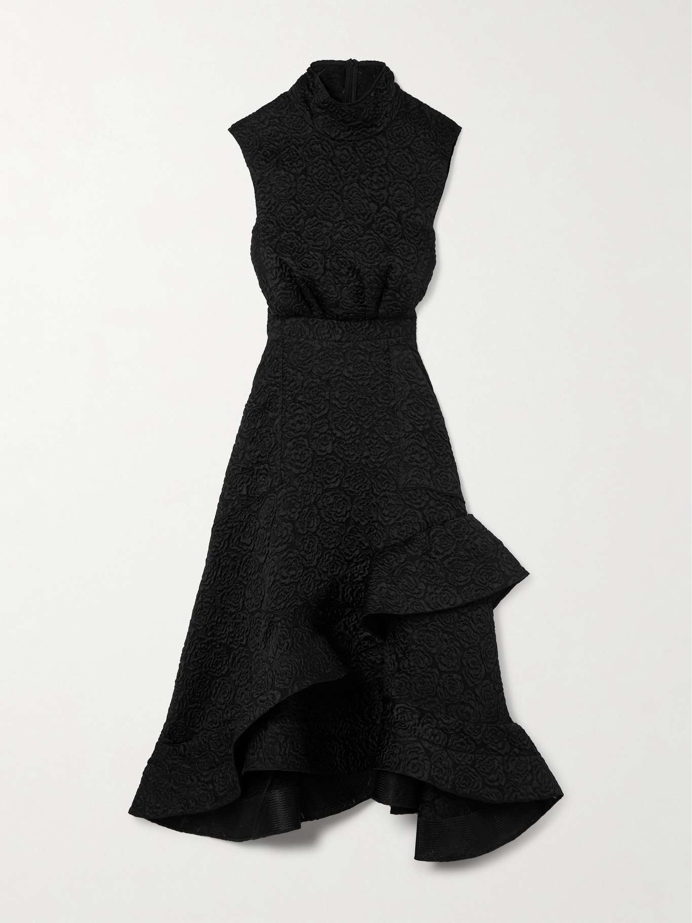 Arresting asymmetric ruffled cloqué turtleneck midi dress - 1