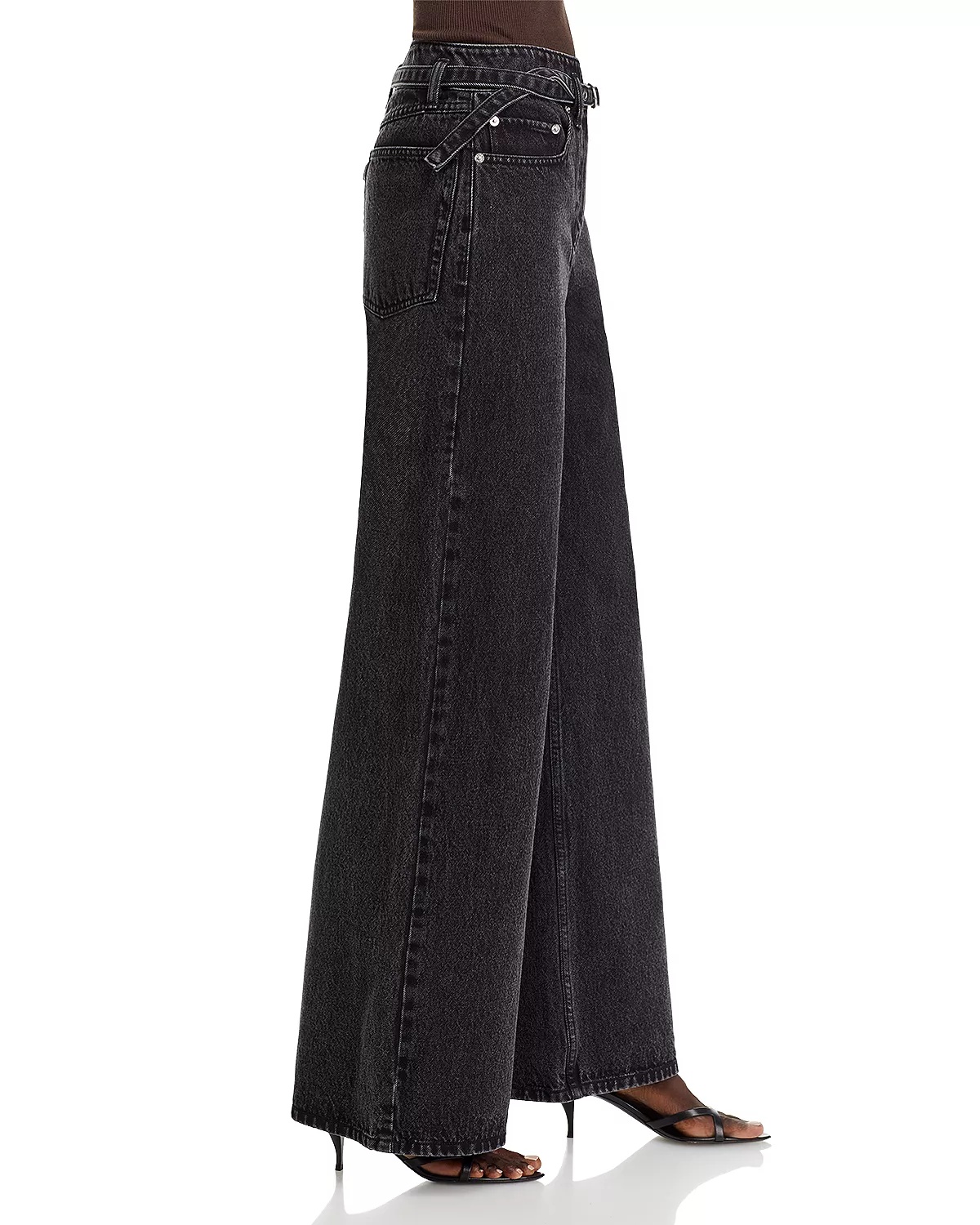 Belted Wide Leg Jeans In Washed Black - 4