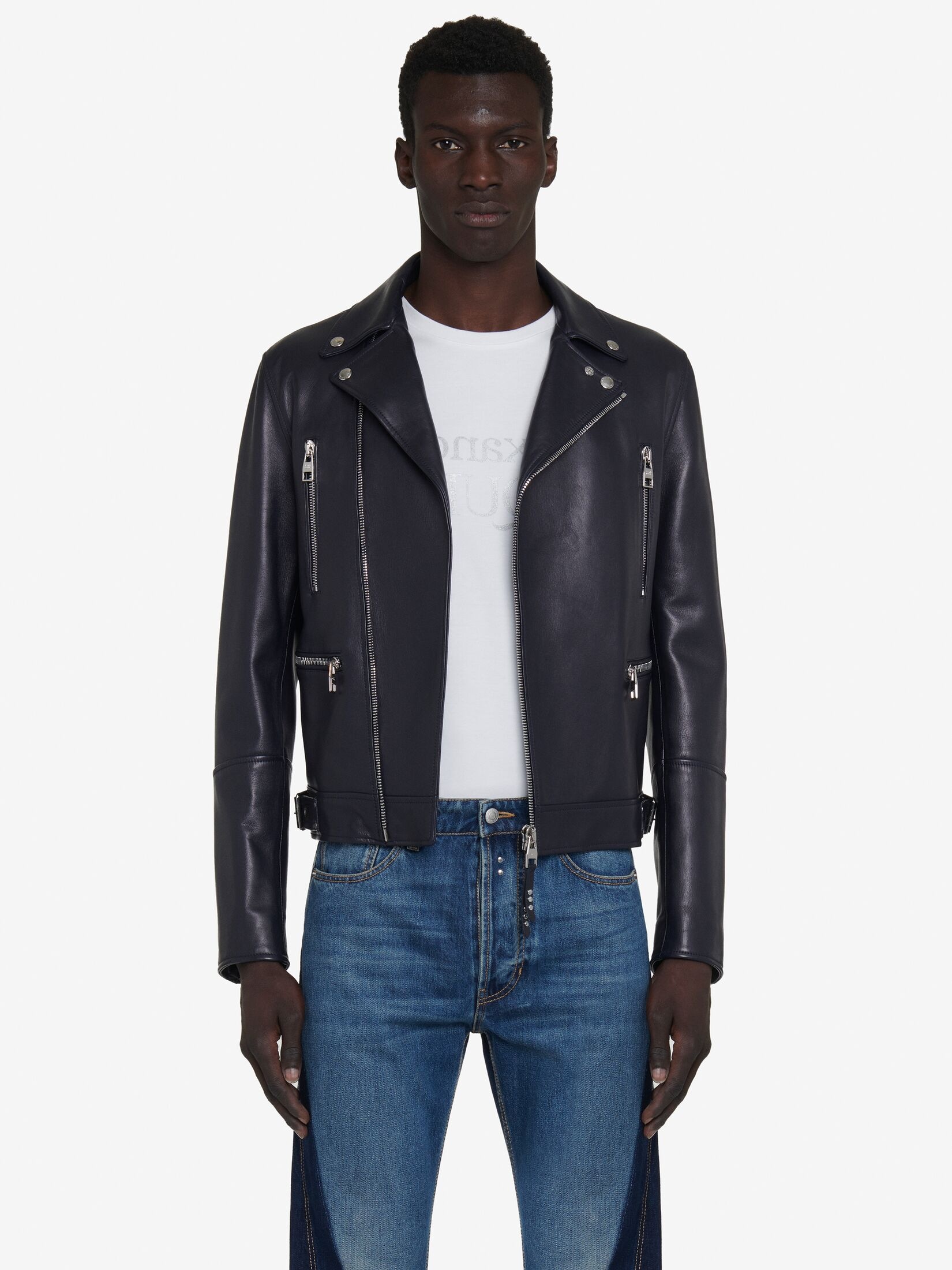 Men's Leather Biker Jacket in Navy - 5