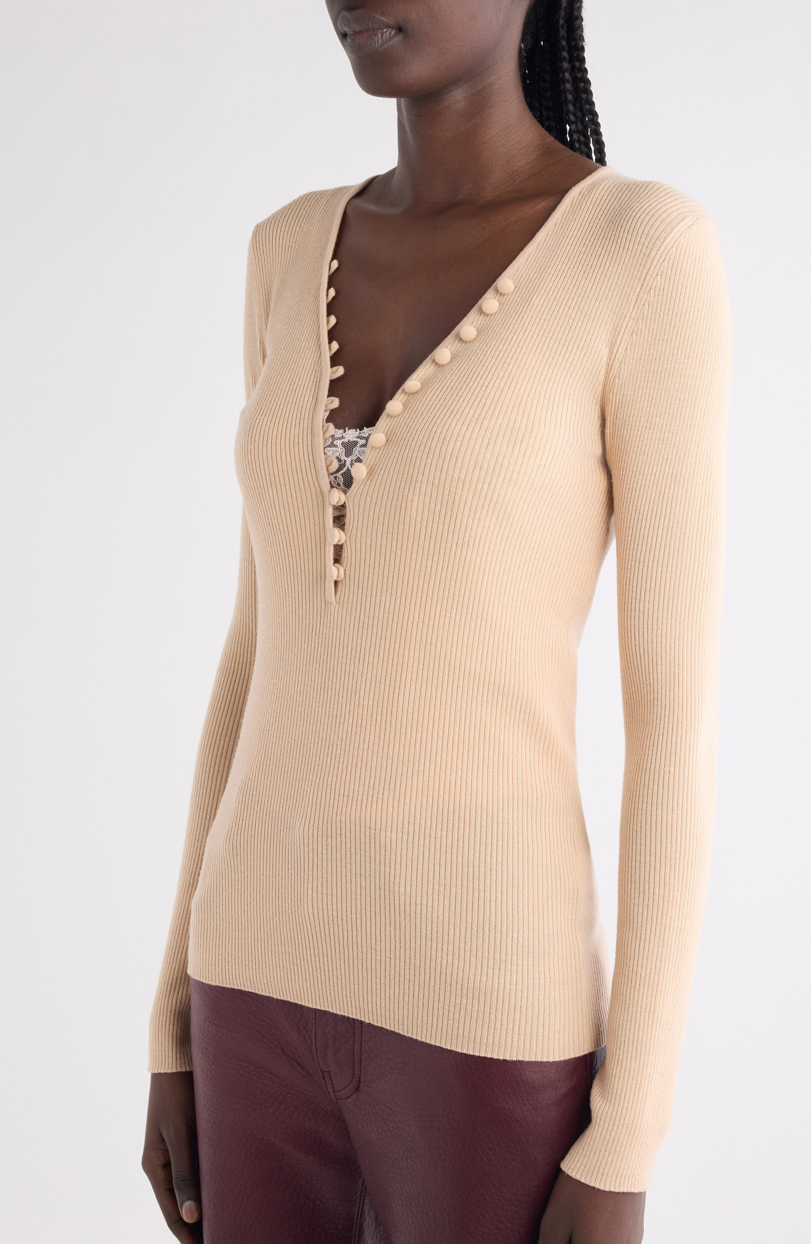 Chloé Fitted Wool Rib Henley Sweater in 6I6 Honey Pink at Nordstrom - 5
