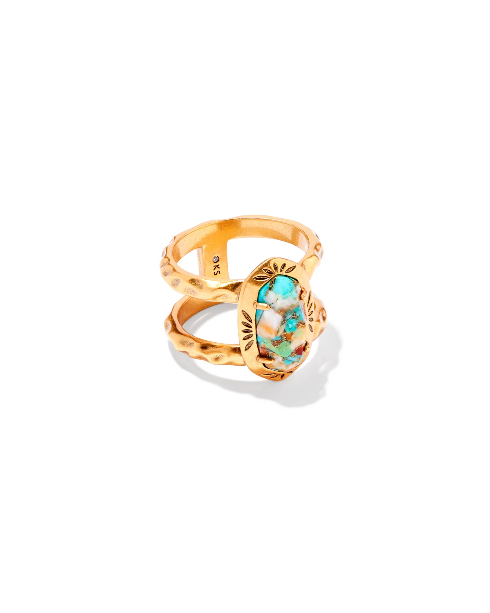 Elyse Vintage Gold Etch Frame Band Ring in Bronze Veined Turquoise Magnesite Red Oyster - 1