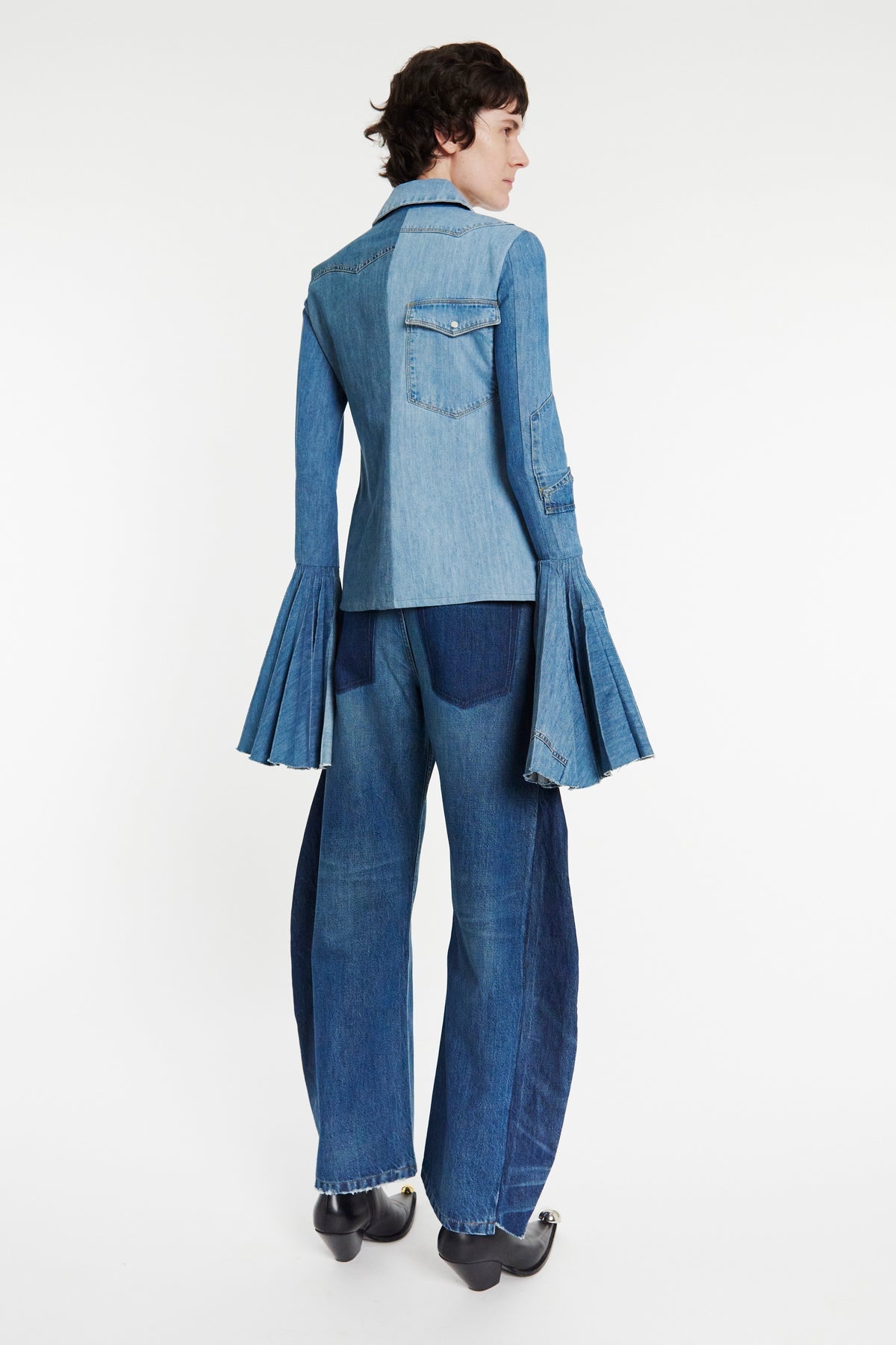 RECYCLED DENIM SHIRT WITH PLEATED BELL SLEEVES BLUE - 2