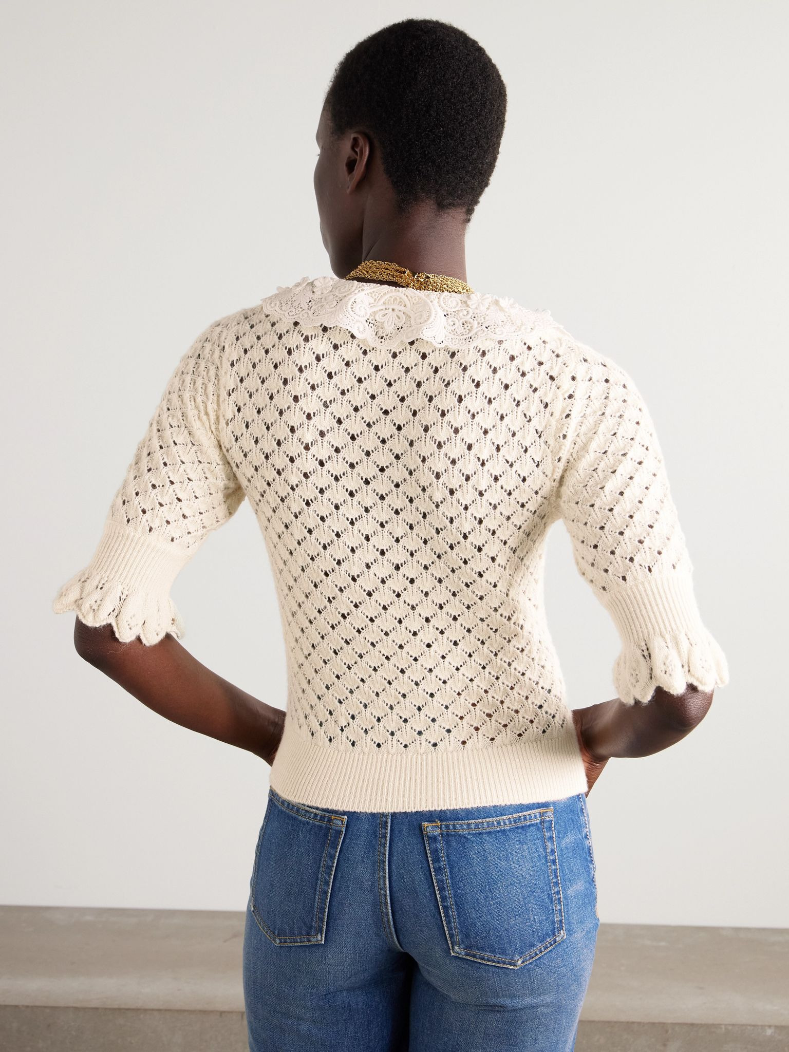 Lace-trimmed cotton, alpaca and silk-blend polo sweater Cream - 3
