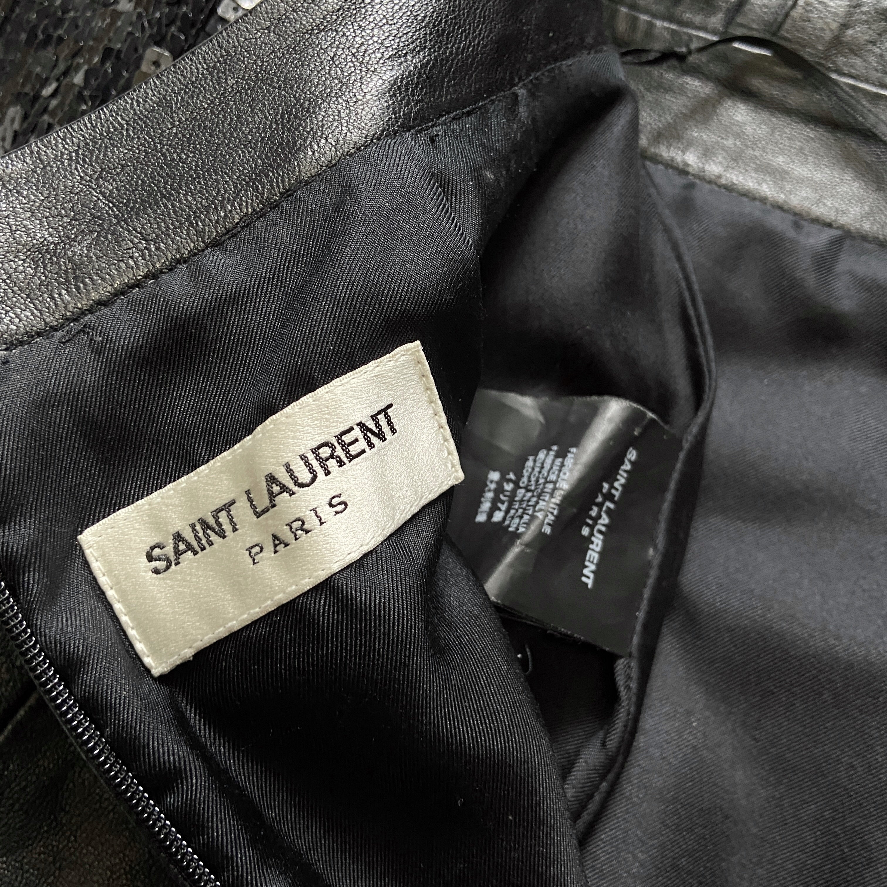 Saint Laurent Paris 2013 Hedi Beaded Collar Sequenced Sleeves Cut Out Backless Leather Dress - 21
