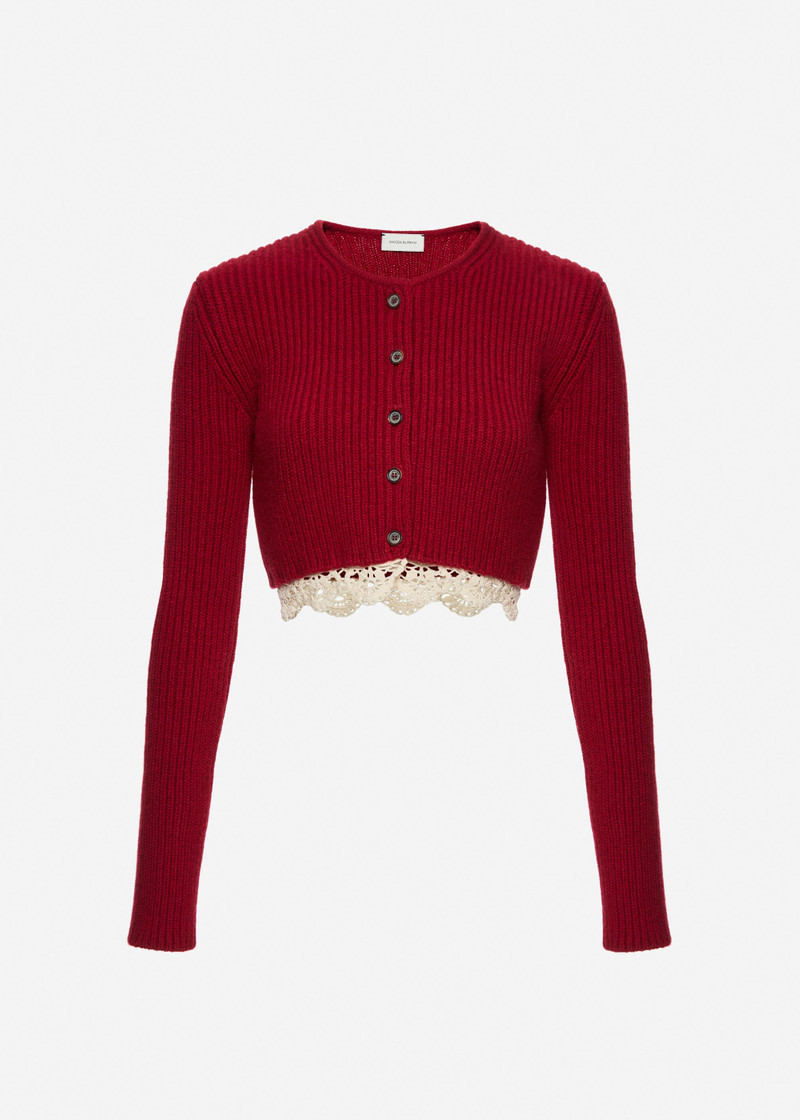 Long-sleeve crochet-trim cropped cardigan in red 1