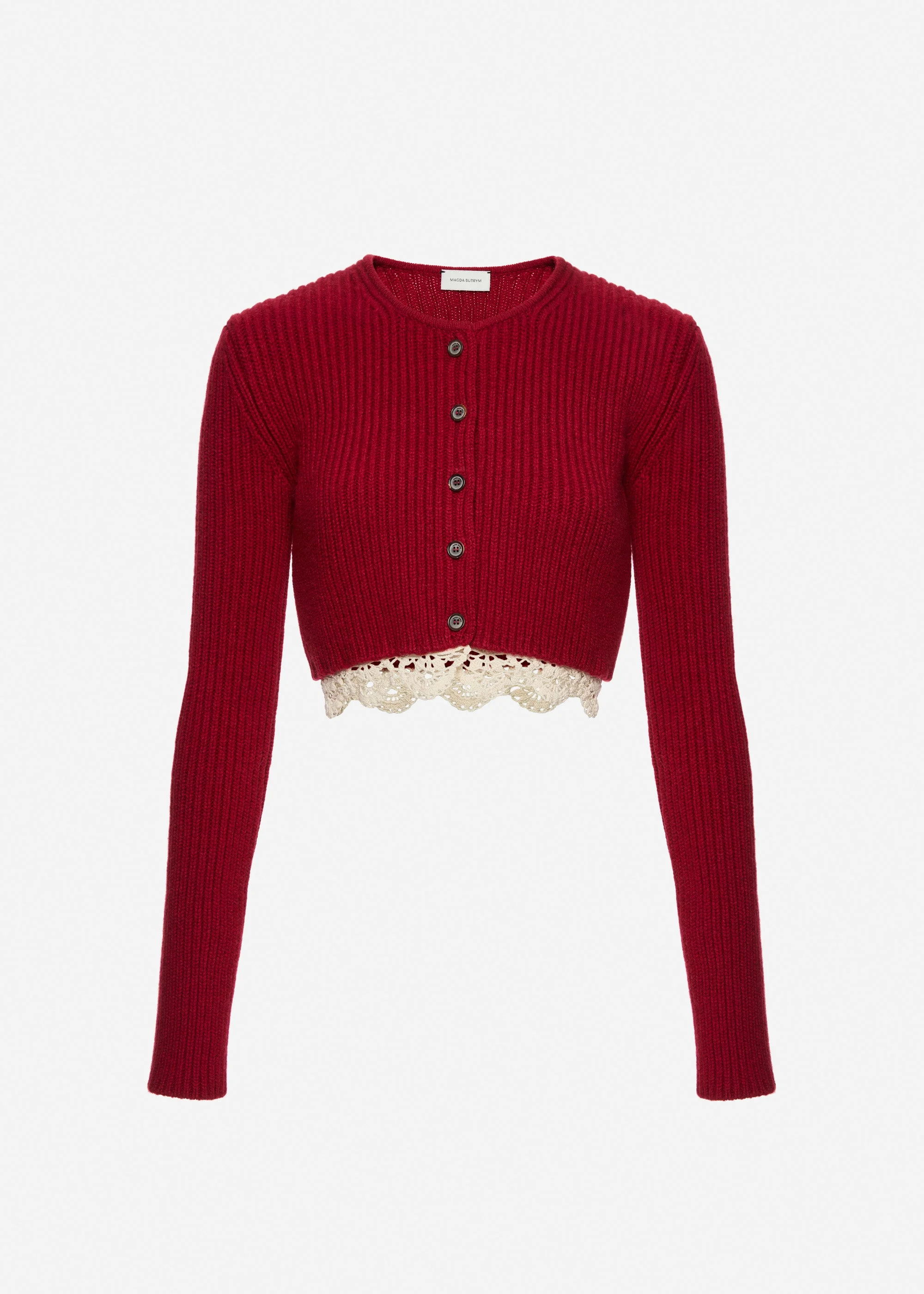 Long-sleeve crochet-trim cropped cardigan in red - 1