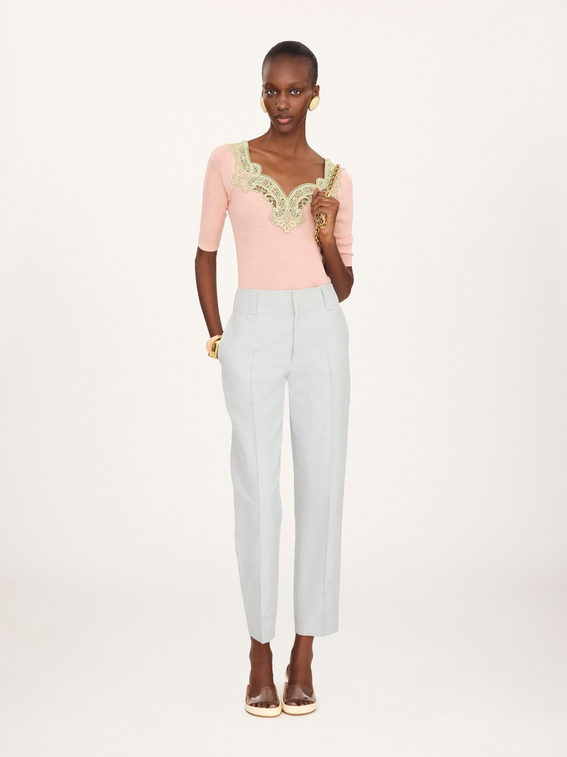 Chloé ELBOW-SLEEVE FITTED SWEATER IN A WOOL KNIT & LACE outlook