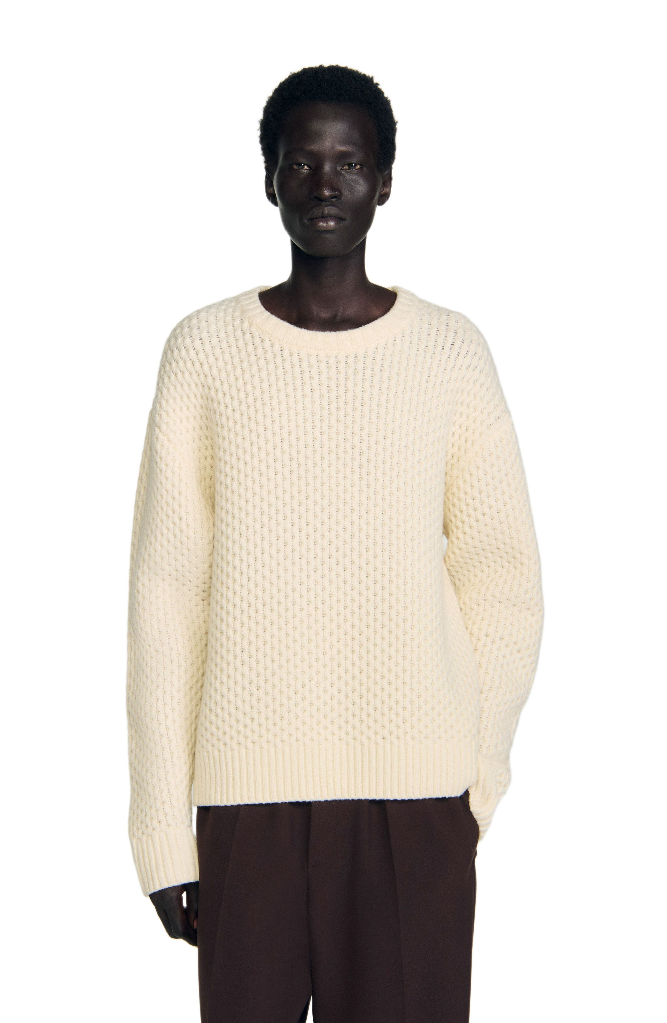 SANDRO Honeycomb stitch wool sweater in Off White at Nordstrom - 3