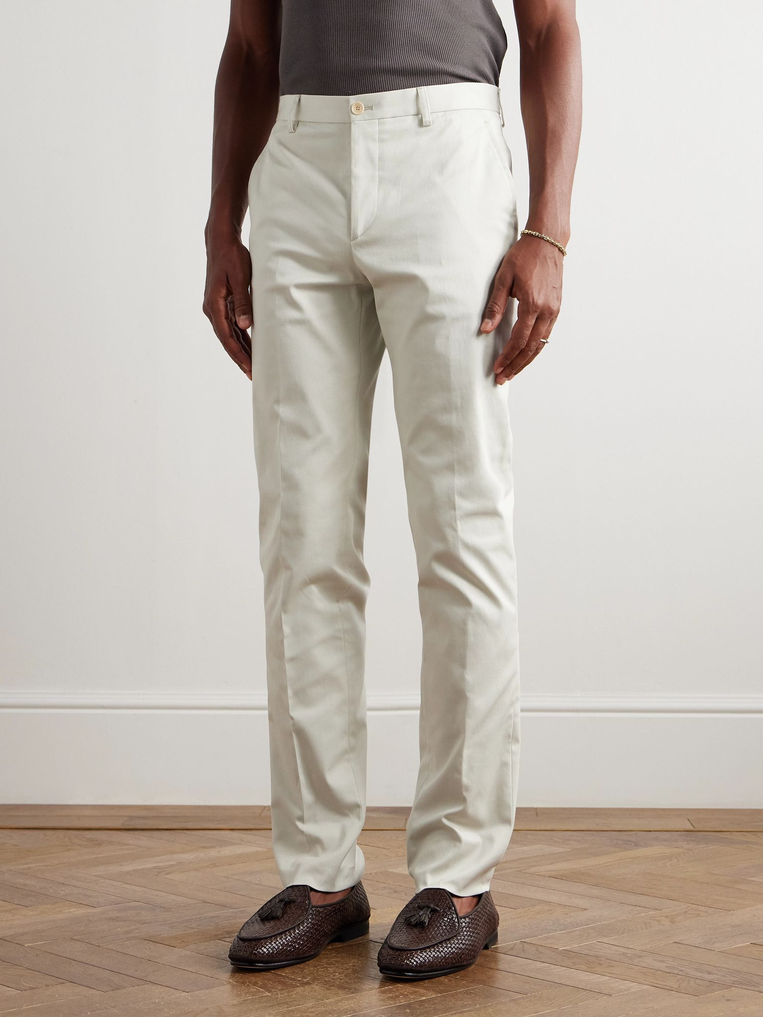 Roma Slim-Fit Straight-Leg Stretch-Cotton Twill Trousers White - 3