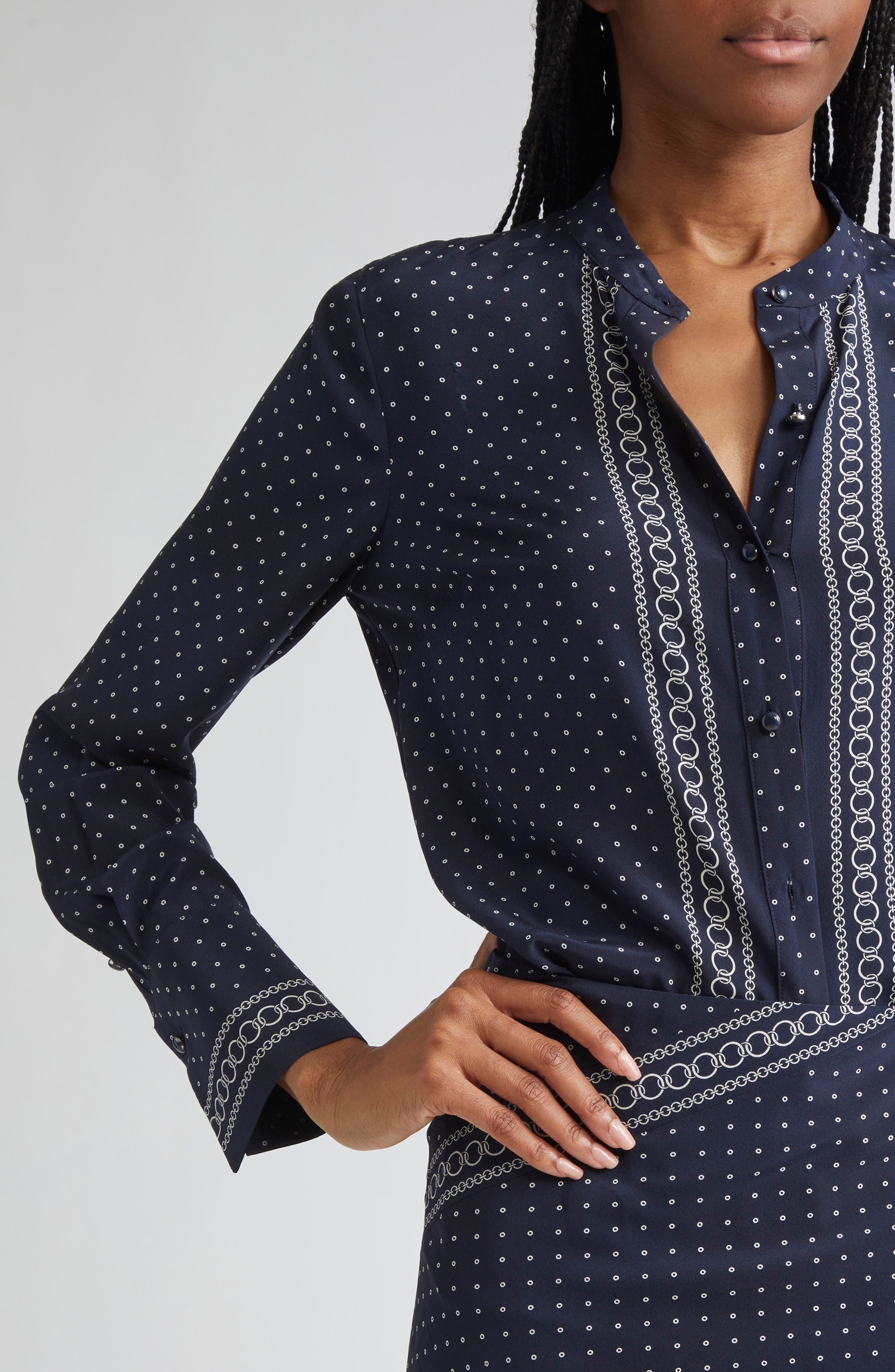 Veronica Beard Johnson Mixed Print Stretch Silk Button-Up Shirt in Navy Multi at Nordstrom - 5