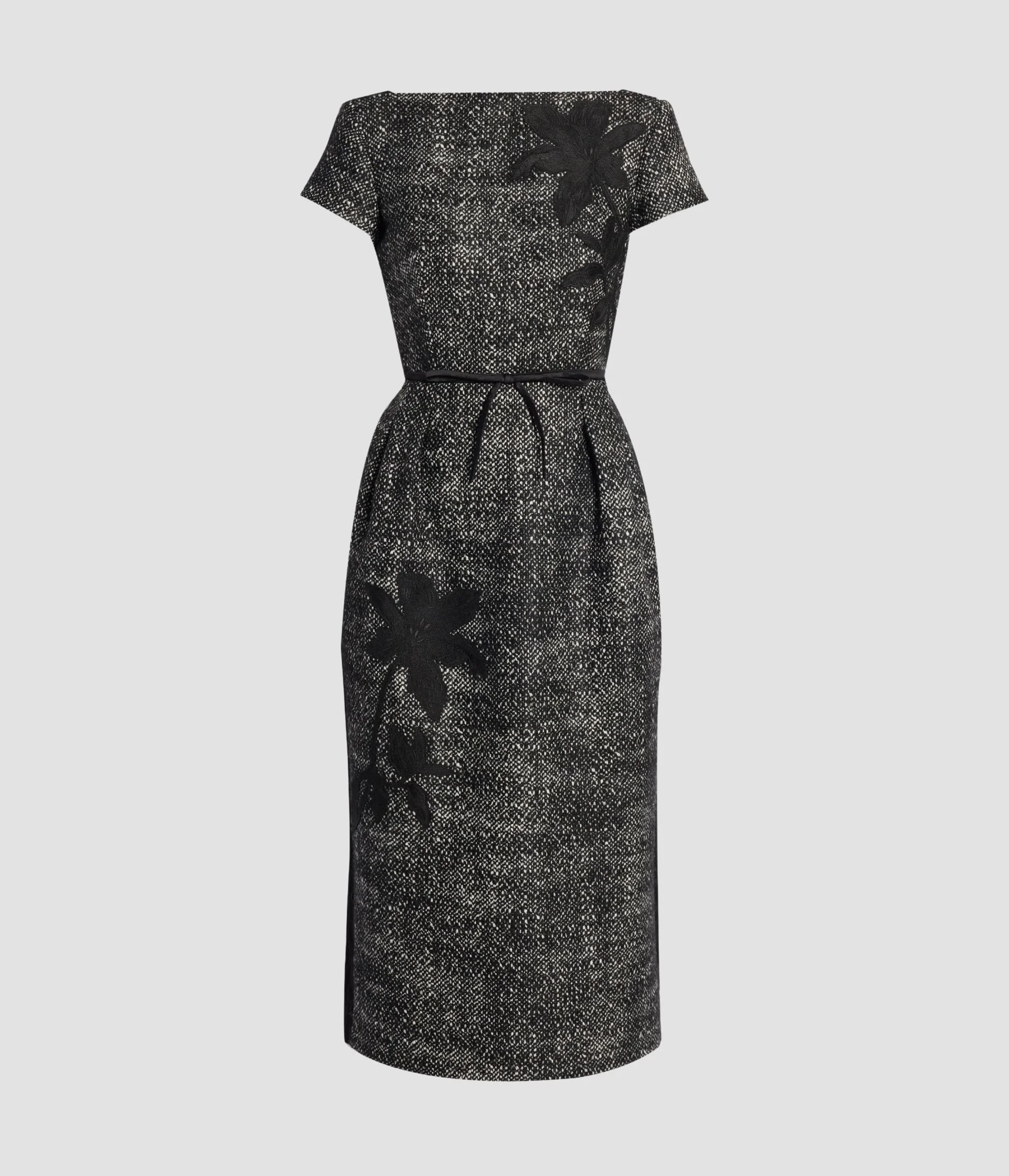 FLORAL EMBROIDERED WOOL SHORT SLEEVE MIDI DRESS - 1