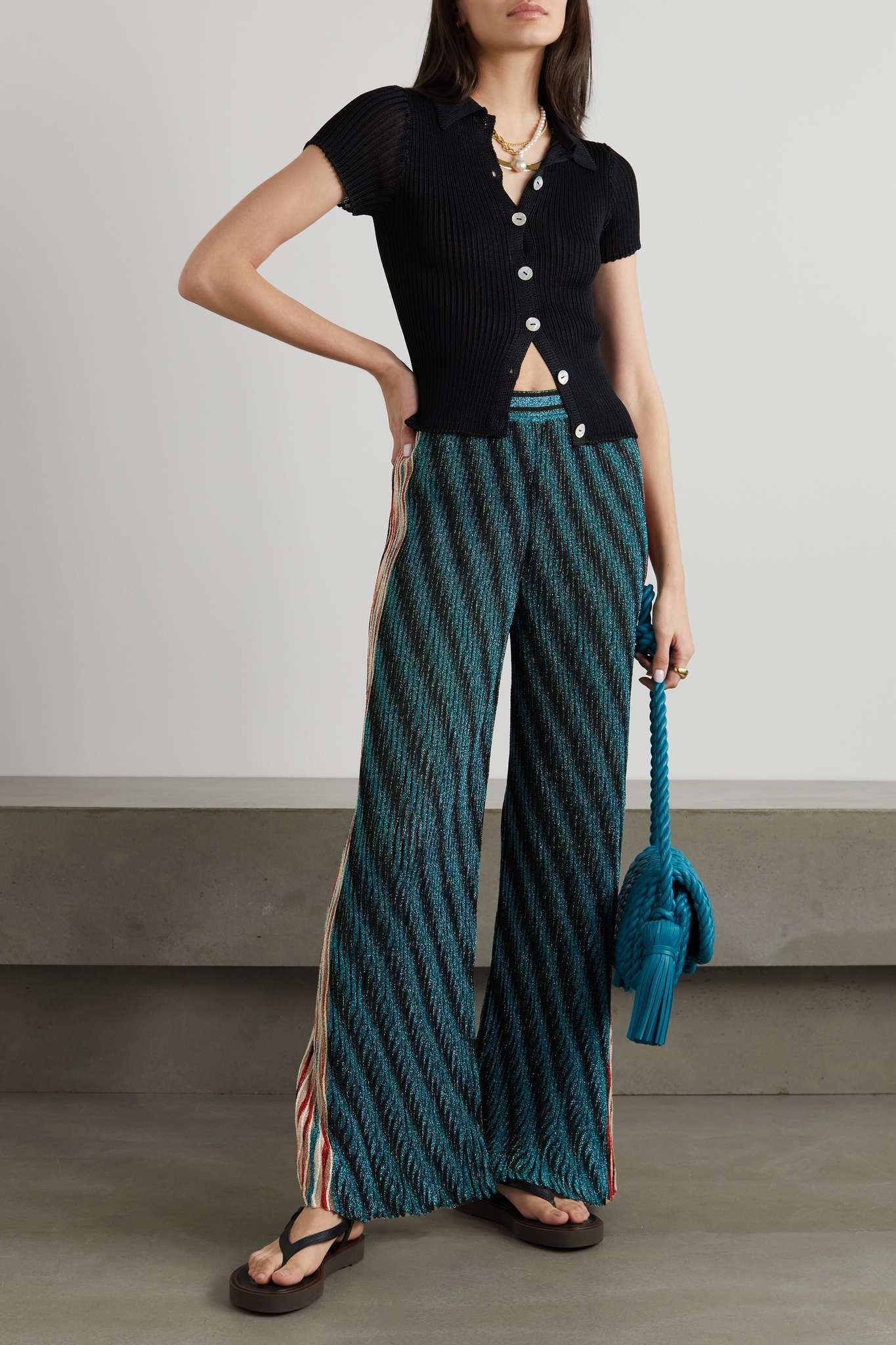 Metallic striped crochet-knit wide-leg pants - 2