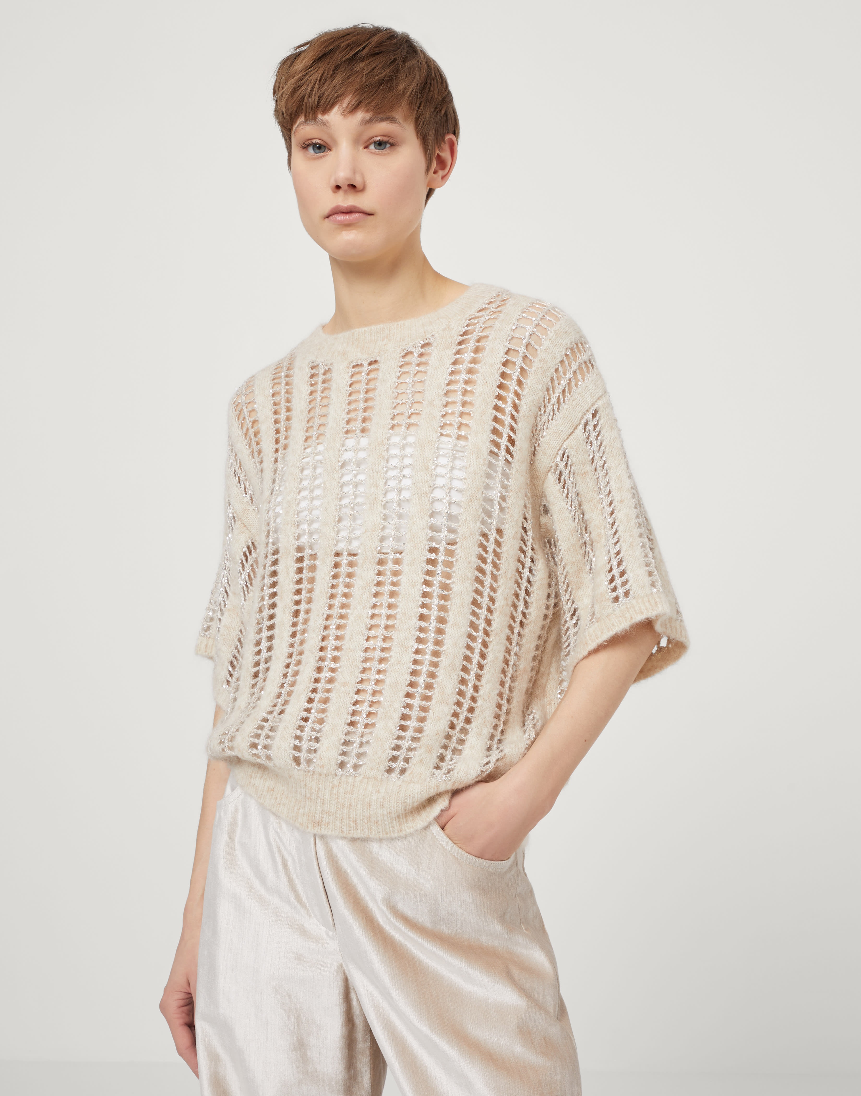 Wool and mohair short sleeve dazzling net sweater - 1