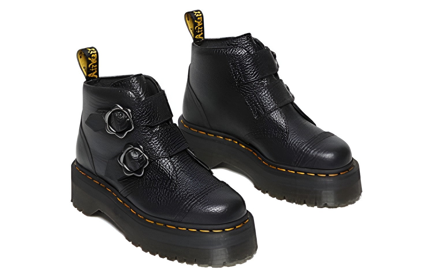 (WMNS) Dr. Martens Devon Flower Buckle Leather Platform Boots 'Black' 27642001 - 2