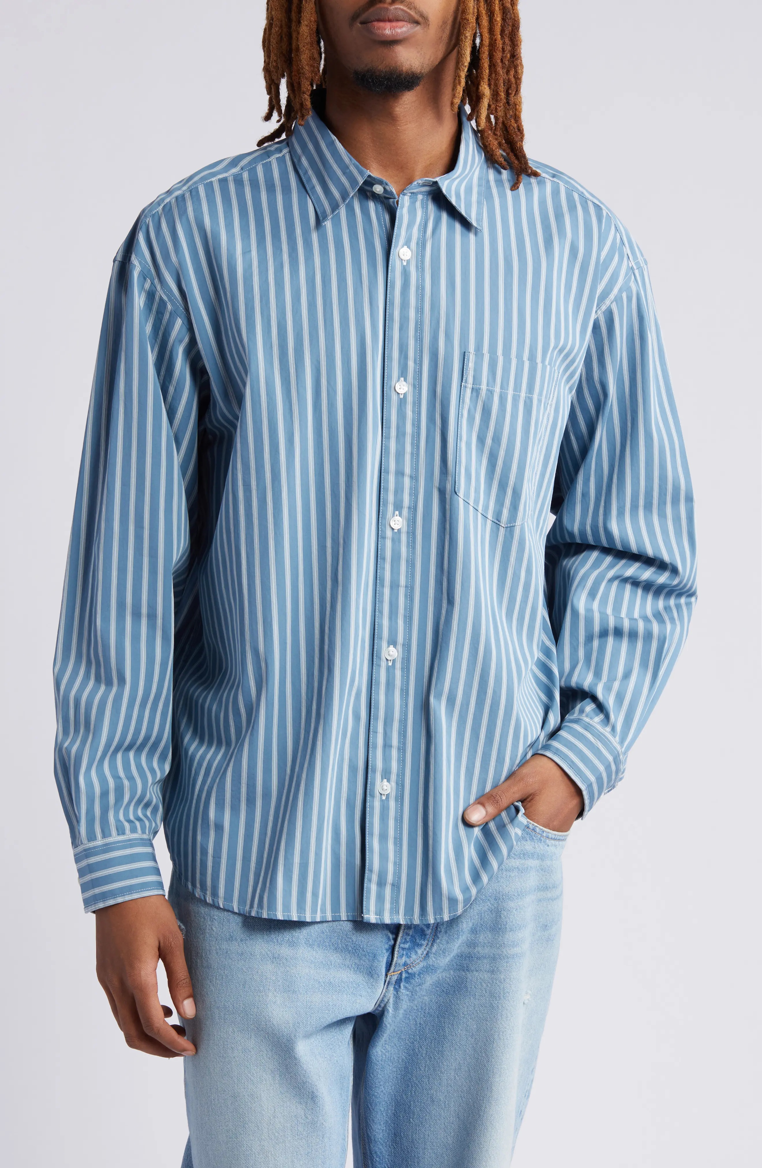 Ligety Stripe Button-Up Shirt in Ligety Stripe Blue/Wax - 1