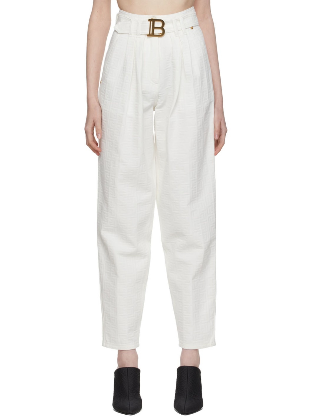 White Denim Belted Logo Trousers - 1