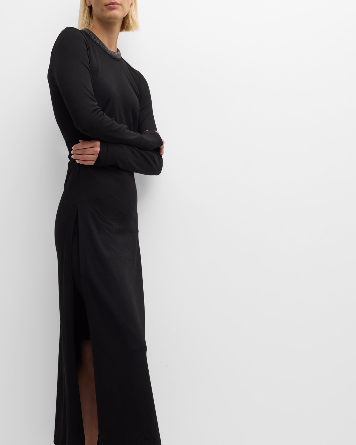 Monili-Collar Long-Sleeve Draped Jersey Maxi Dress - 7