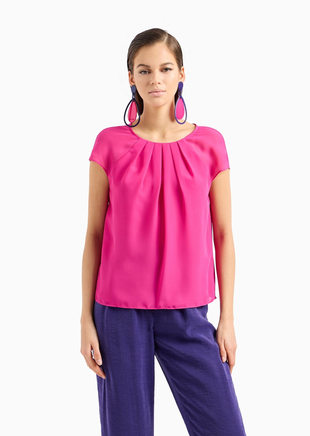 Pleated georgette short-sleeved blouse - 2