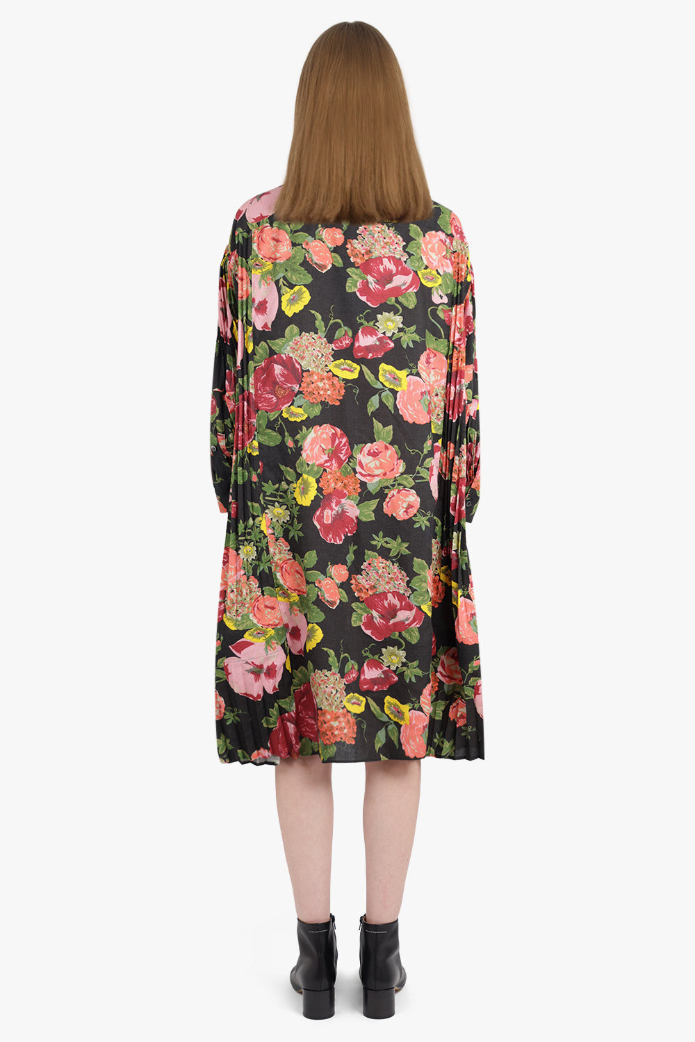 FLORAL PRINT L/S PLEAT MIDI SHIRT DRESS | BLACK/PINK - 4