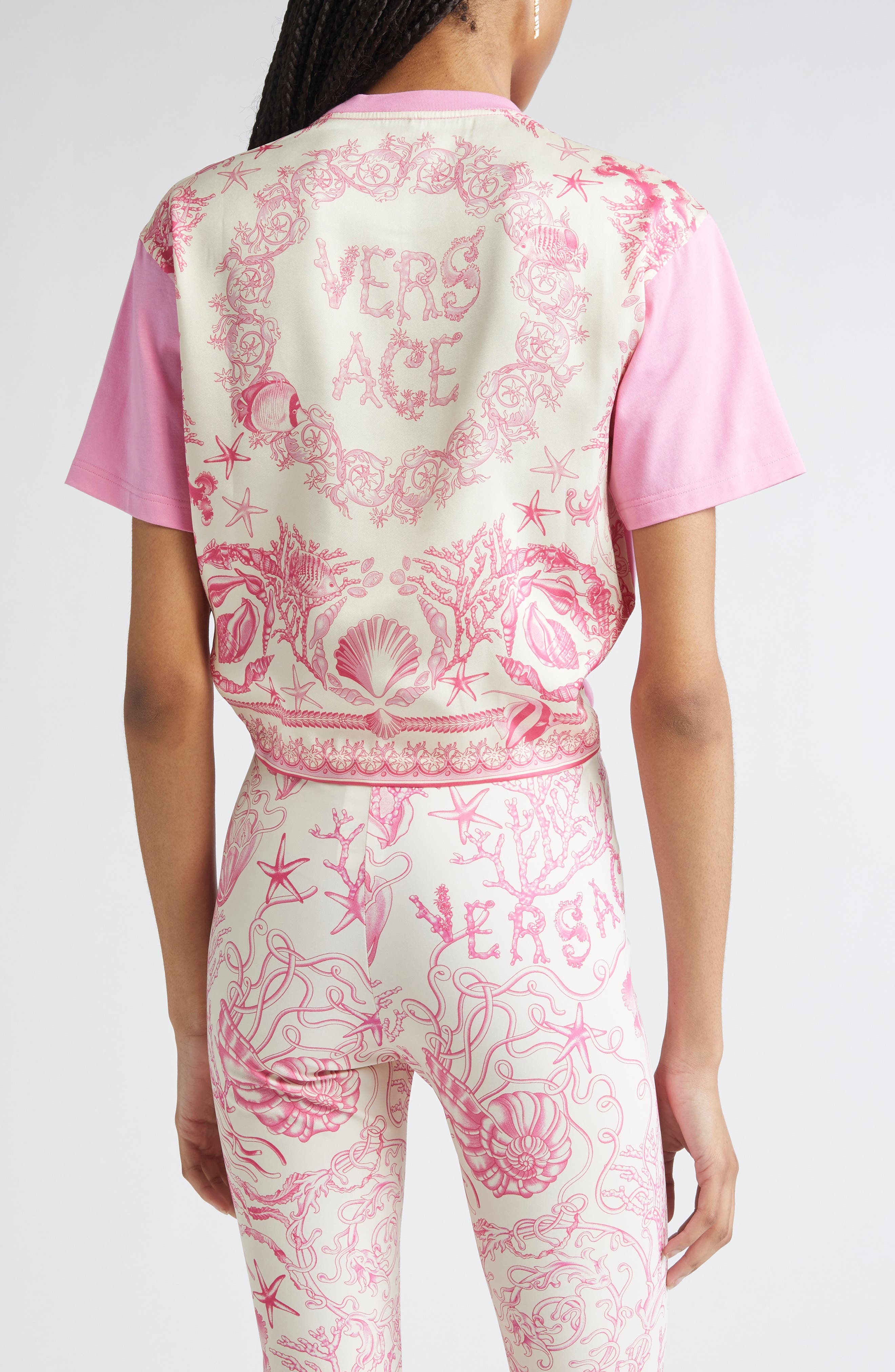 Versace Barocco Safety Pin Crop T-Shirt in Guava Multi Color at Nordstrom - 3