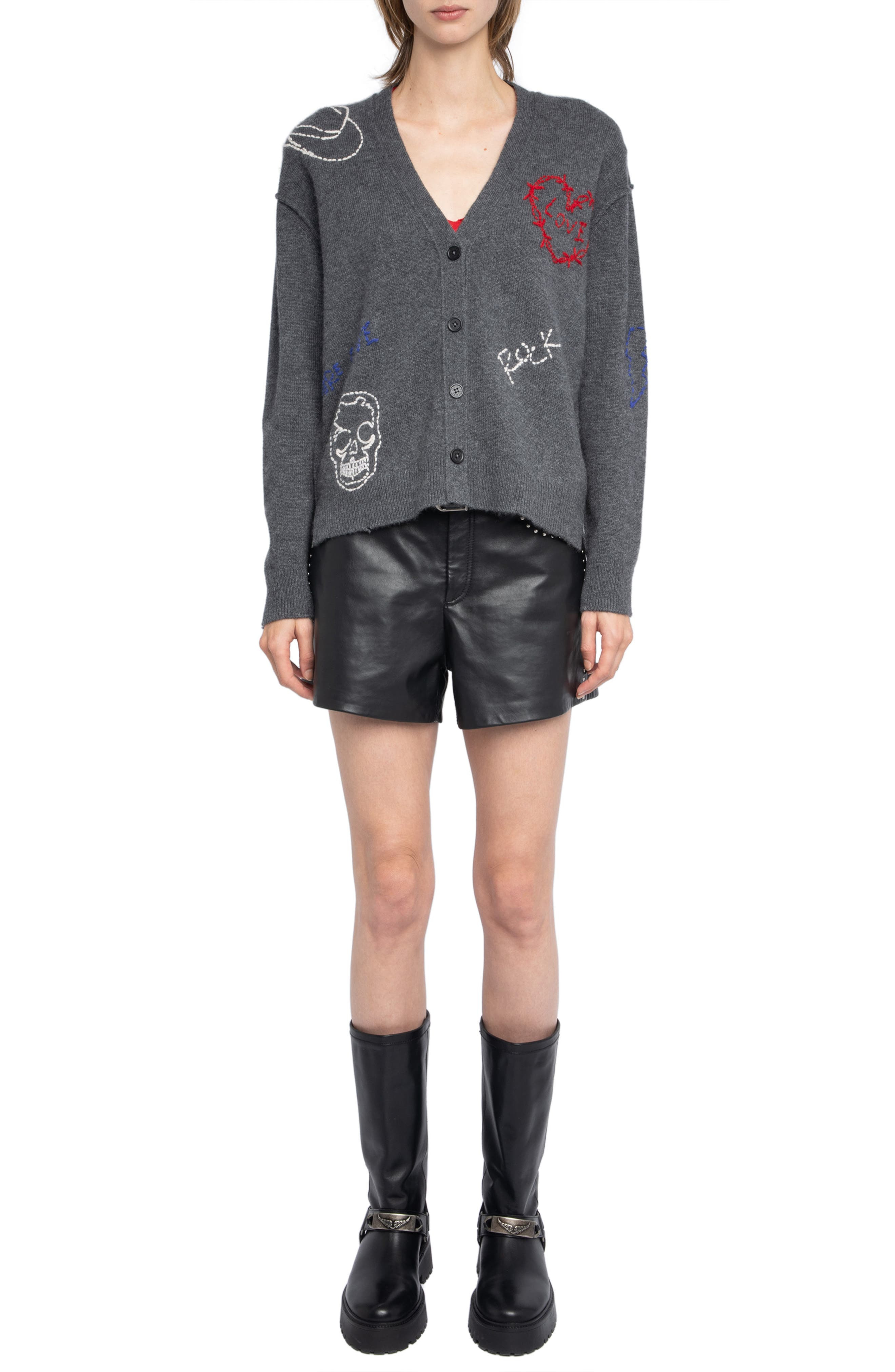Zadig & Voltaire Mirkaz West Graph Embroidered Cashmere Cardigan in Anthracite at Nordstrom - 7