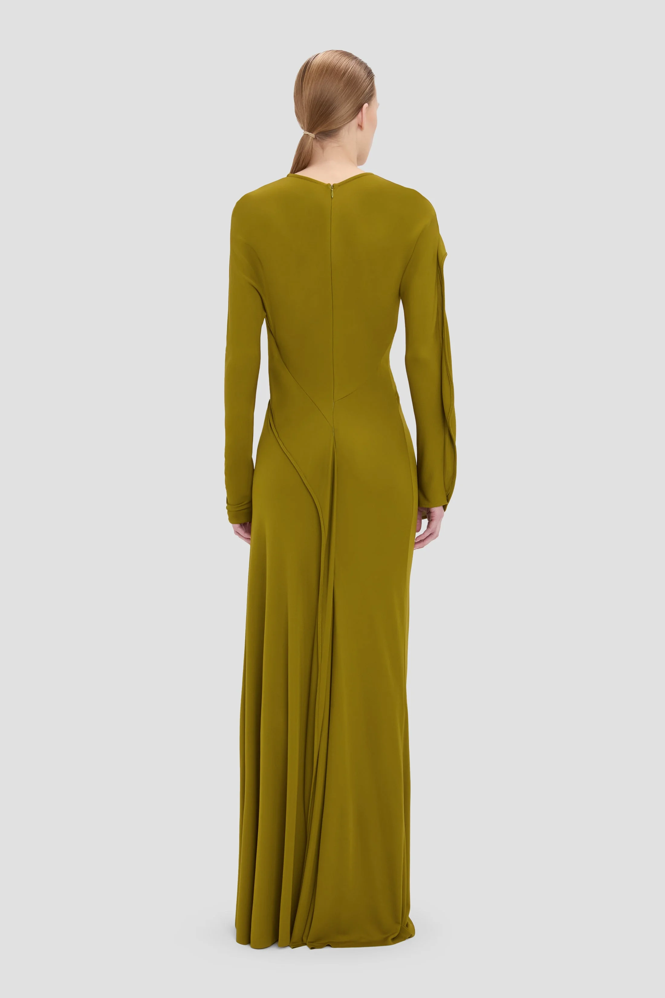 Closed Neck Draped Gown In Moss - 1