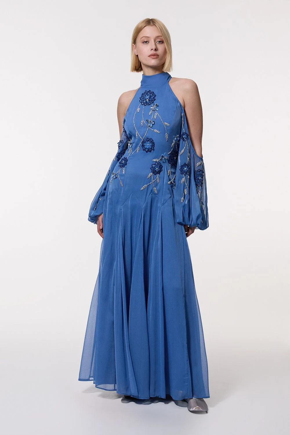 Cold Shoulder 3D Floral Applique Woven Maxi Dress - 1