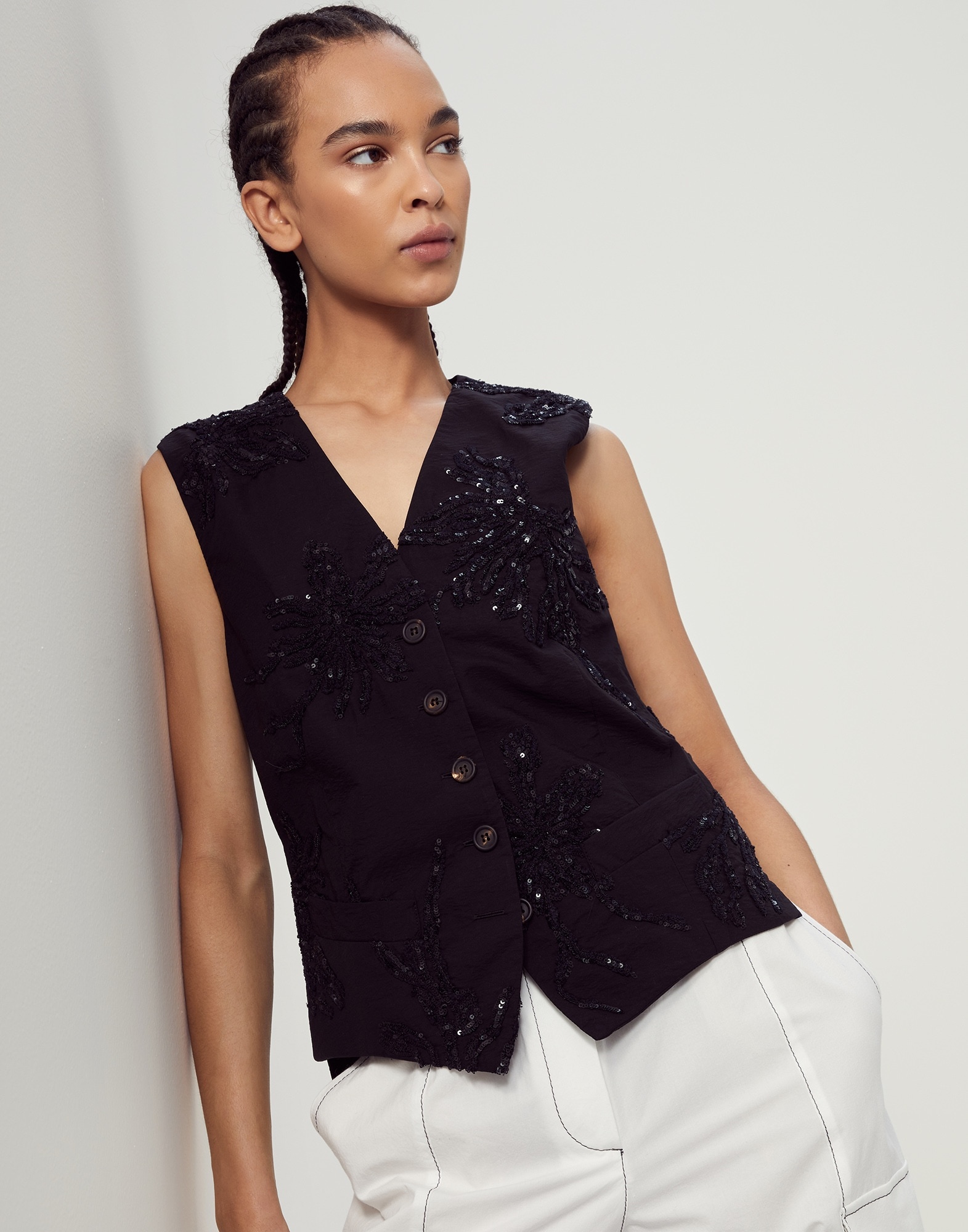 Techno cotton poplin waistcoat with marine flower embroidery - 4