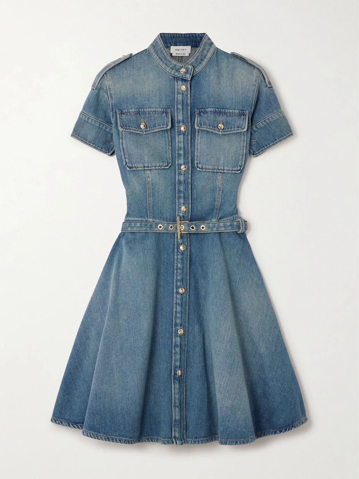 Belted Denim Mini Dress - 1