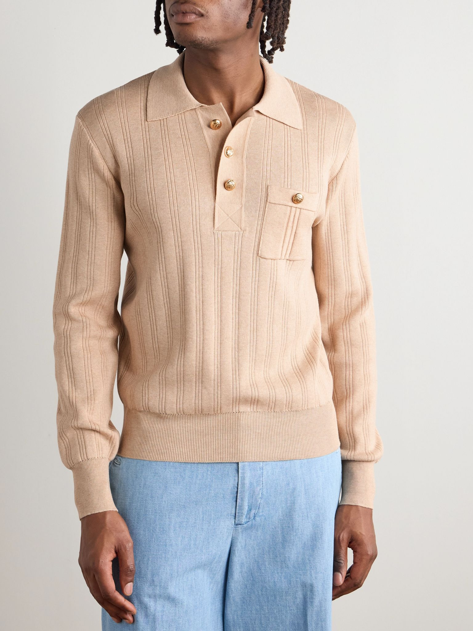 Ribbed Cotton Polo Shirt Off-white - 3