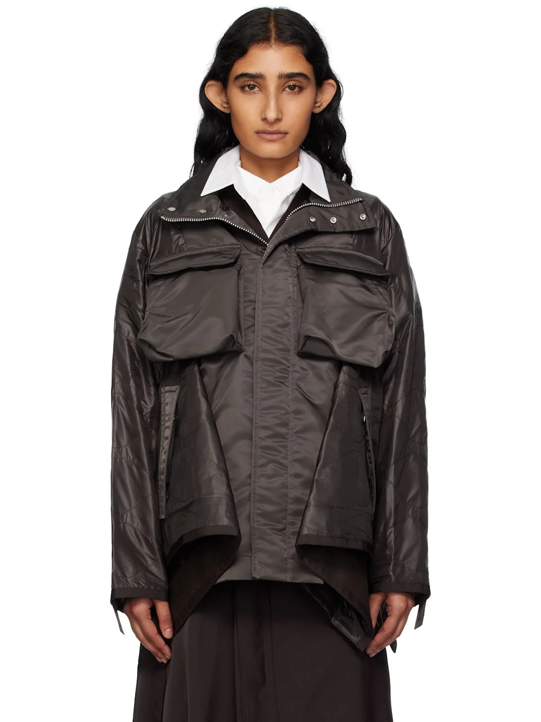 Brown Nylon Twill Mix Coat - 1