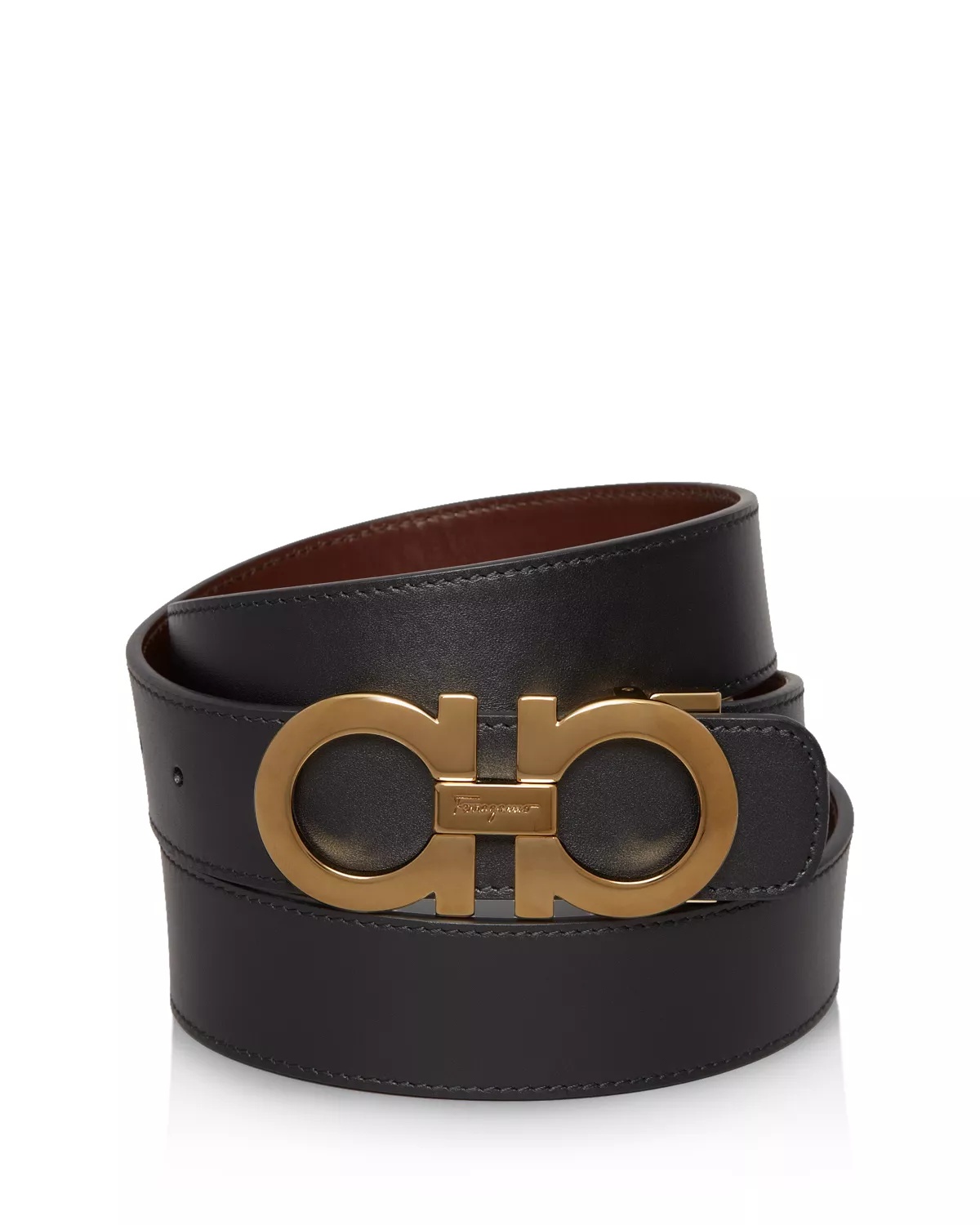 Men's Smooth Reversible Belt with Shiny Goldtone Double Gancini Buckle - 2