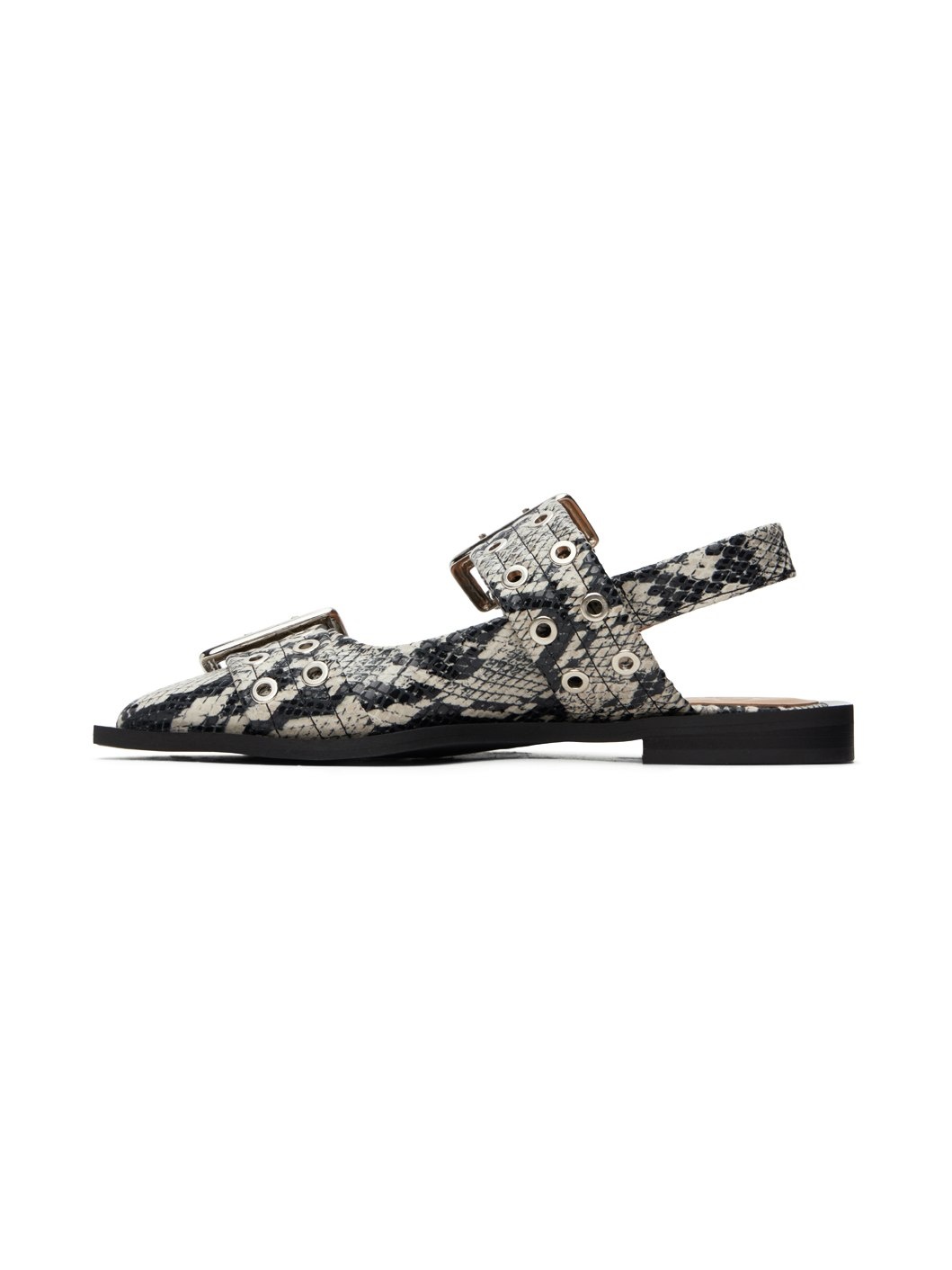 Beige & Black Snake Printed Chunky Buckle Ballerina Flats - 3