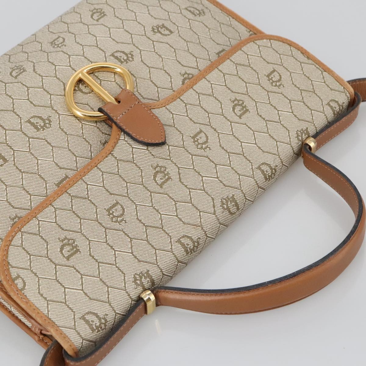 DIOR Honeycomb Canvas Hand Bag Leather Beige Gold - 6