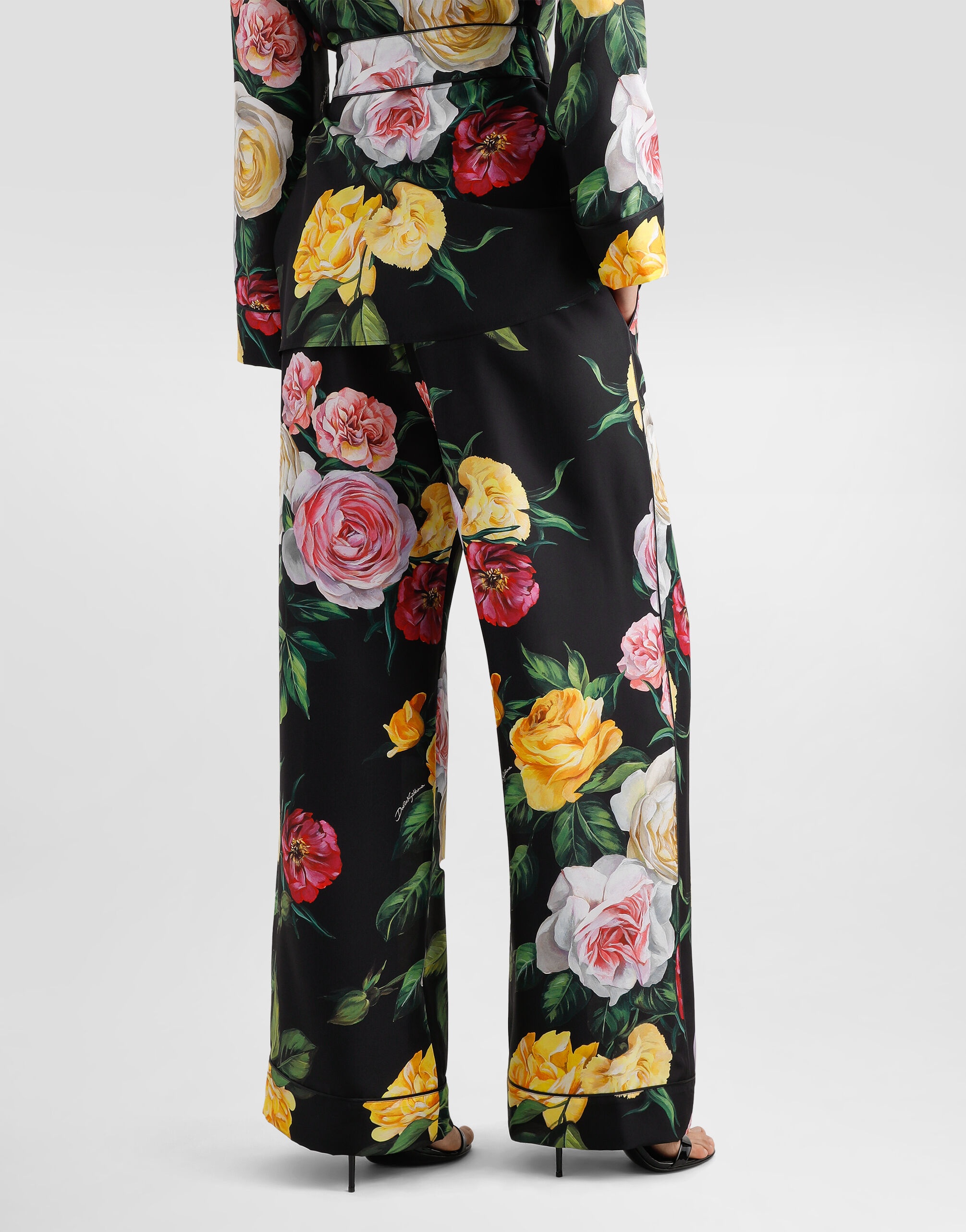 Silk habotai pajama pants with peony and rose print - 5