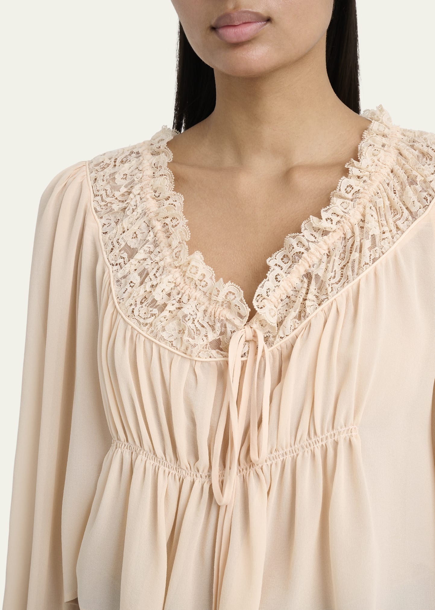 Ruched Lace Silk Peasant Blouse - 5