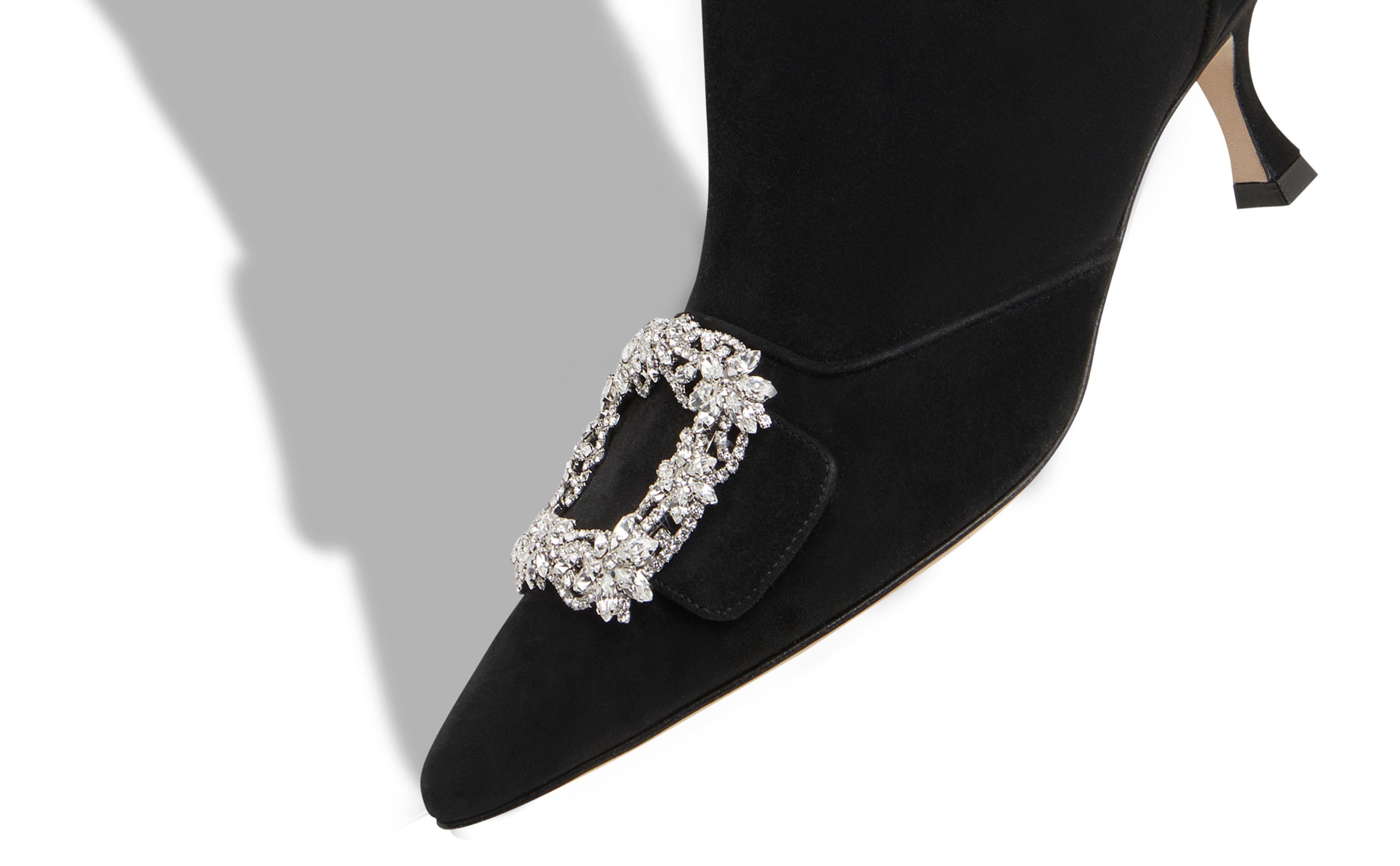 Black Suede Crystal Buckle Ankle Boots - 4