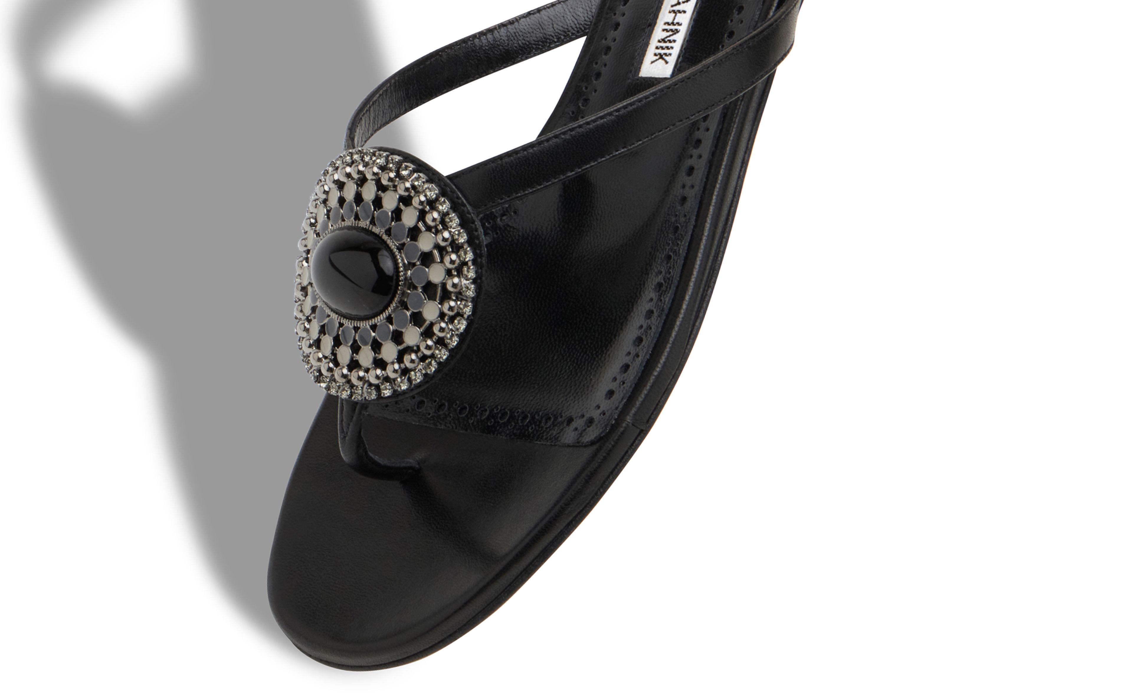 Black Nappa Leather Jewel Flat Sandals - 4