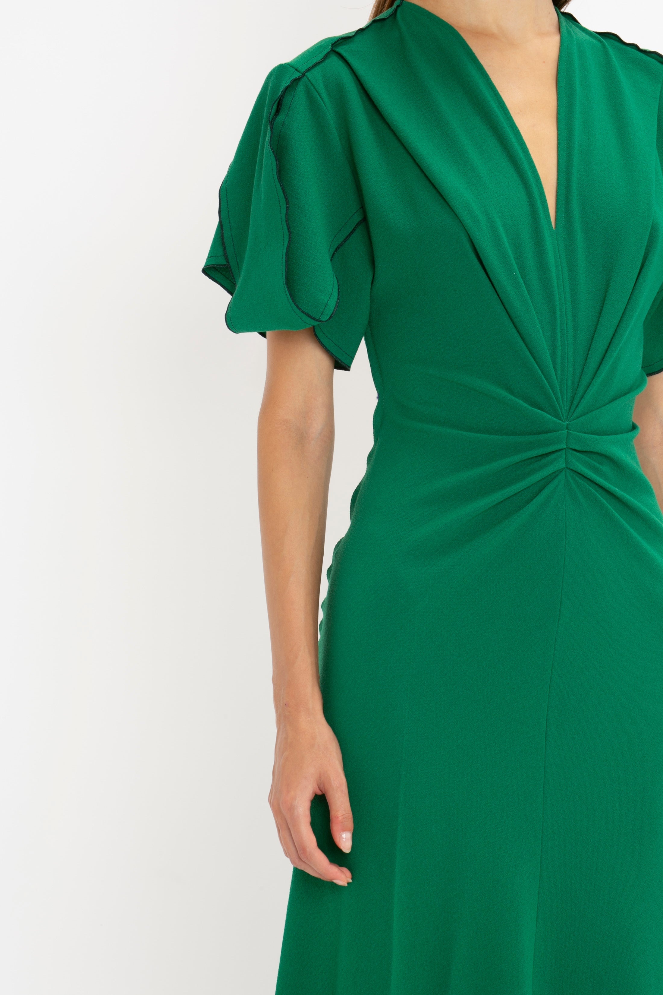 Gathered V-Neck Midi Dress in Emerald - 6