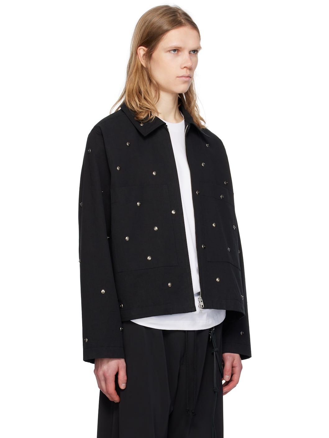 Black 'Metal Bead' Crop Patch Pocket Jacket - 2