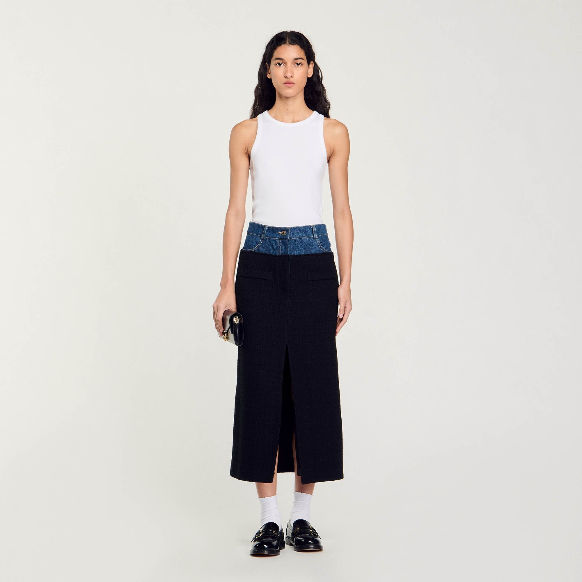 DUAL-MATERIAL DENIM AND TWEED SKIRT - 2