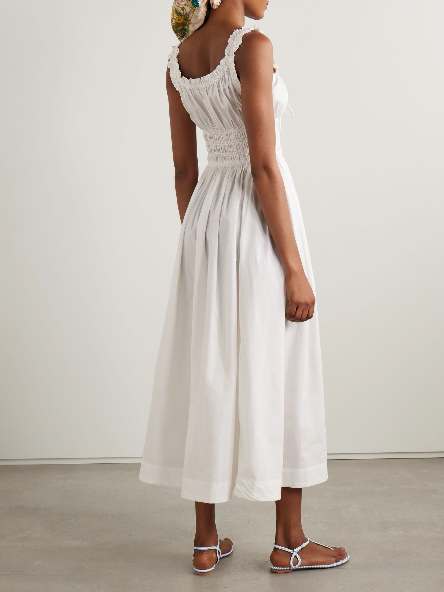 Emmaretta tie-detailed shirred cotton-voile midi dress White - 3