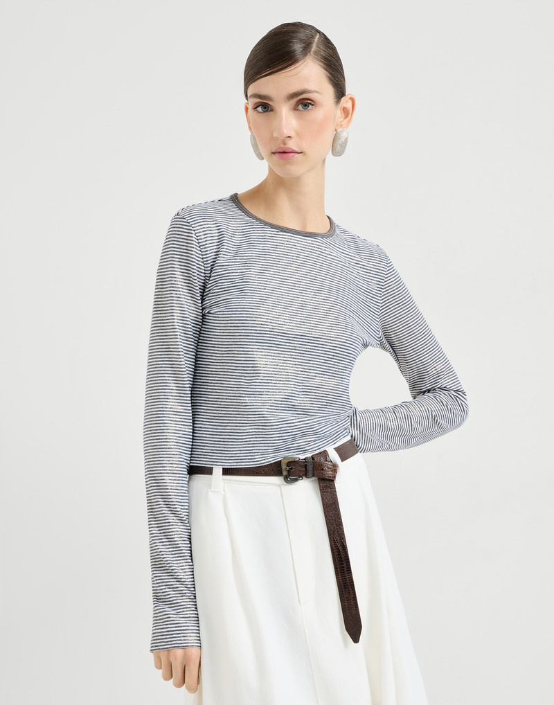 Striped linen lamé jersey top with shiny trim 2