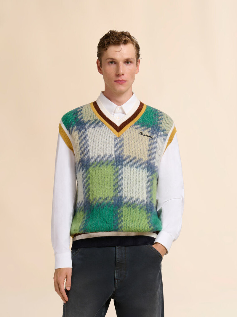 Marni GREEN CHECKED MOHAIR VEST WITH STRIPED TRIMS outlook