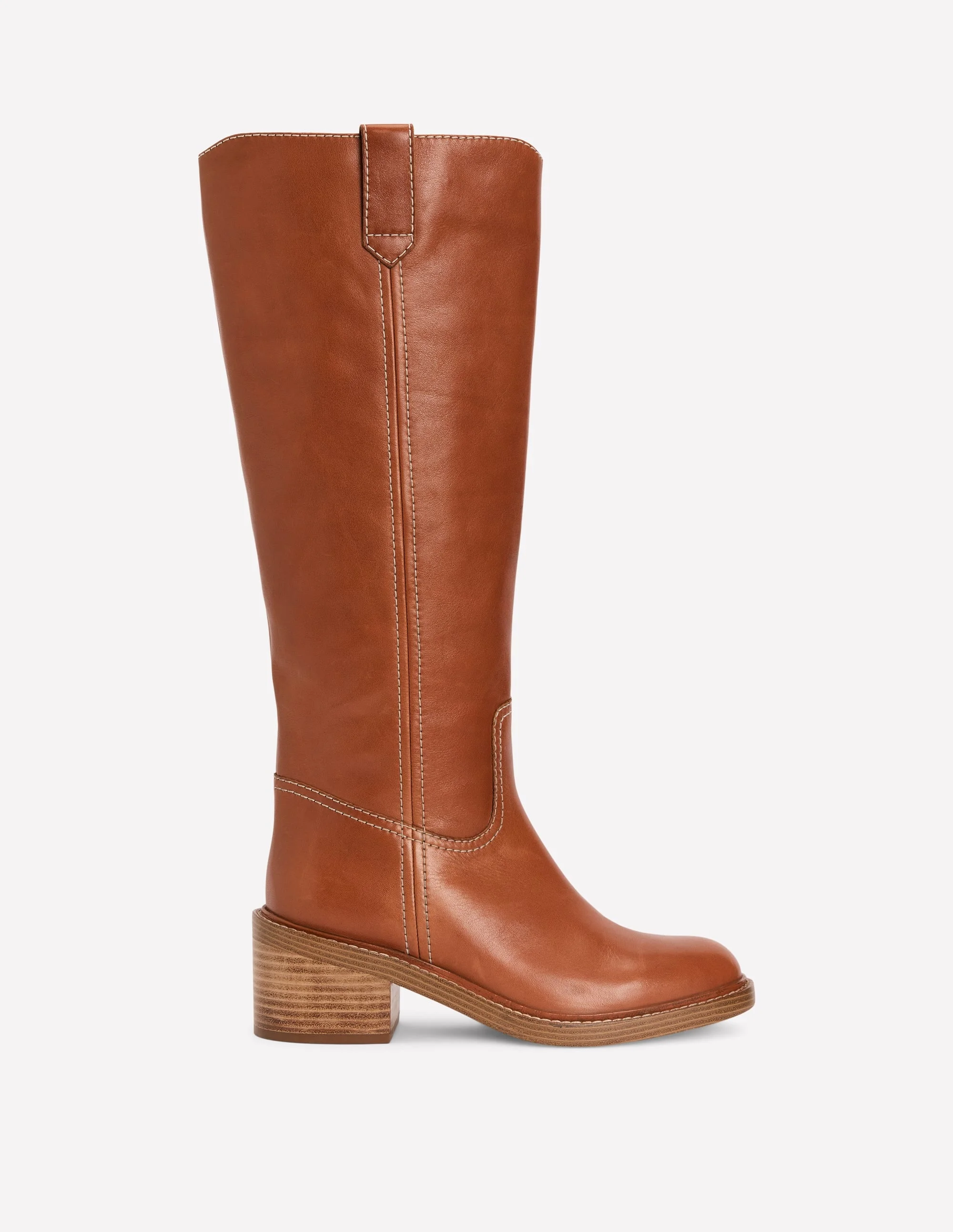Casual Stitch Knee Boots-Tan Leather - 1