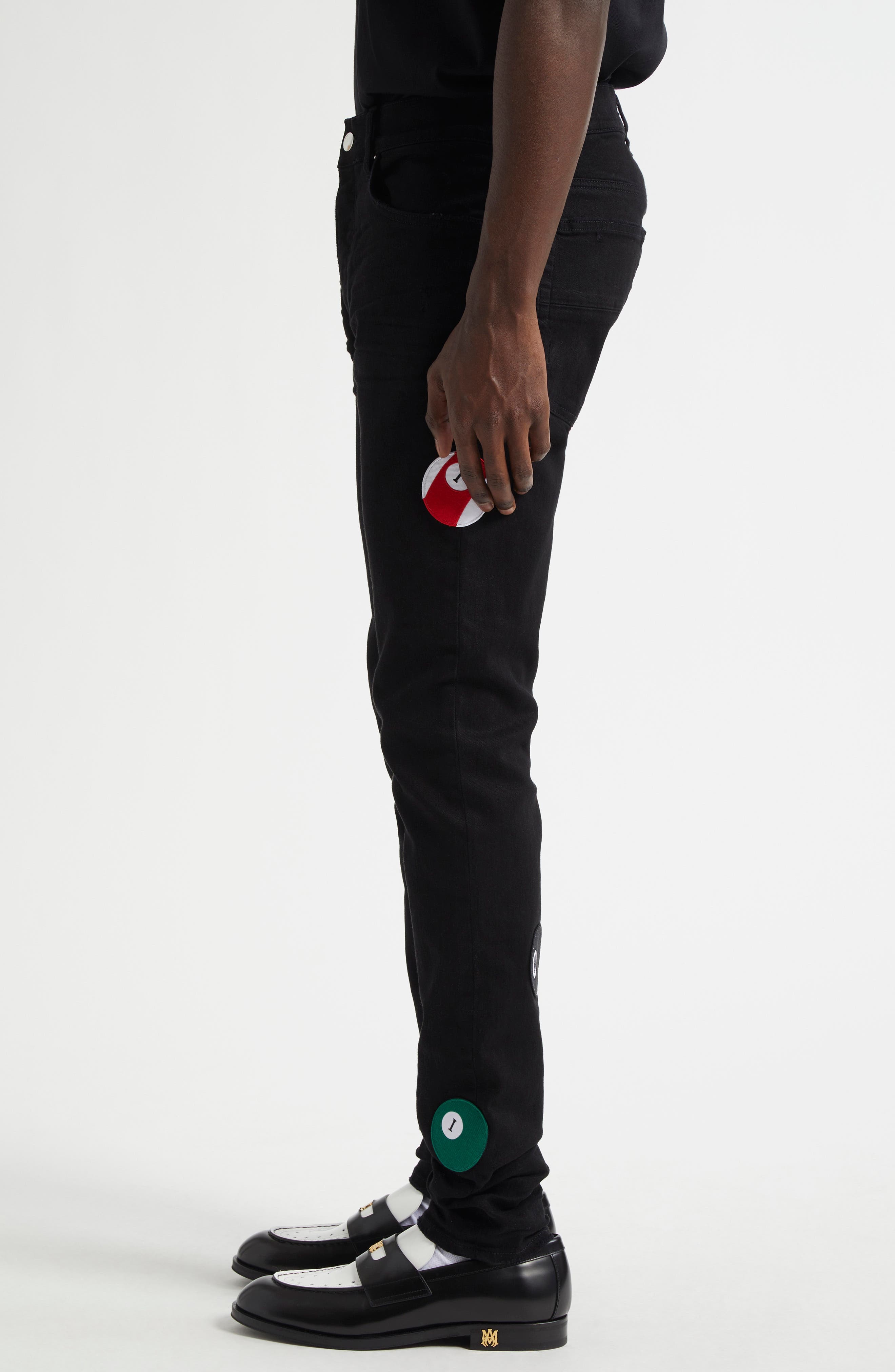 AMIRI Pool Ball Patch Skinny Jeans in Black at Nordstrom - 4