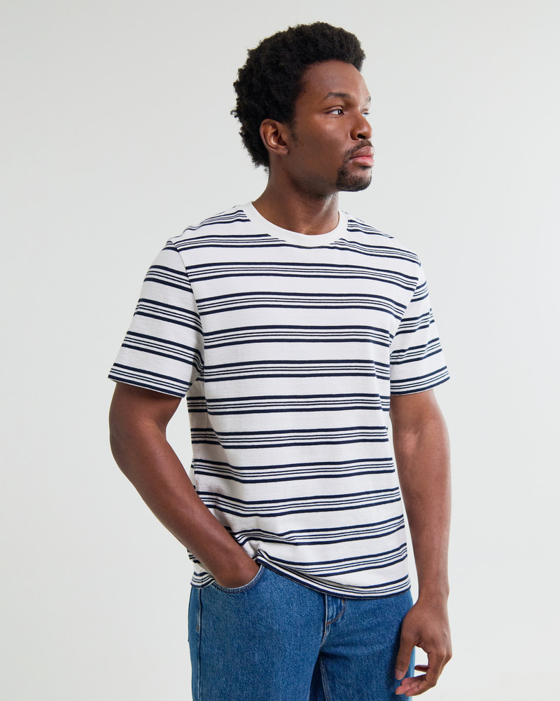 Wax London Dean - Ecru And Navy Textured Stripe Organic Cotton T-Shirt outlook