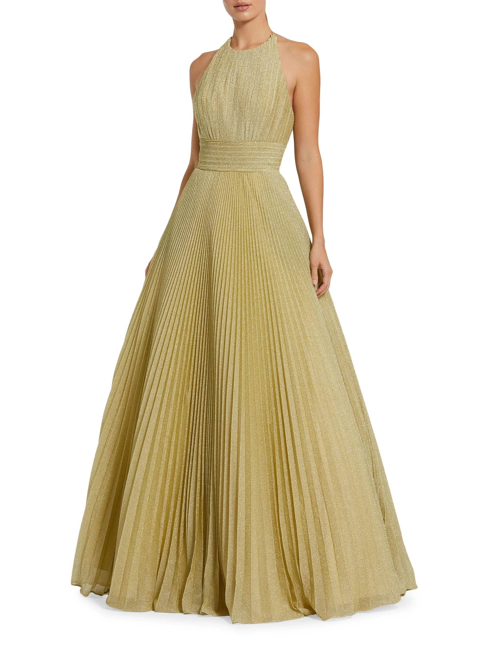 Women's Shimmering Pleated Georgette Gown - Gold - 1