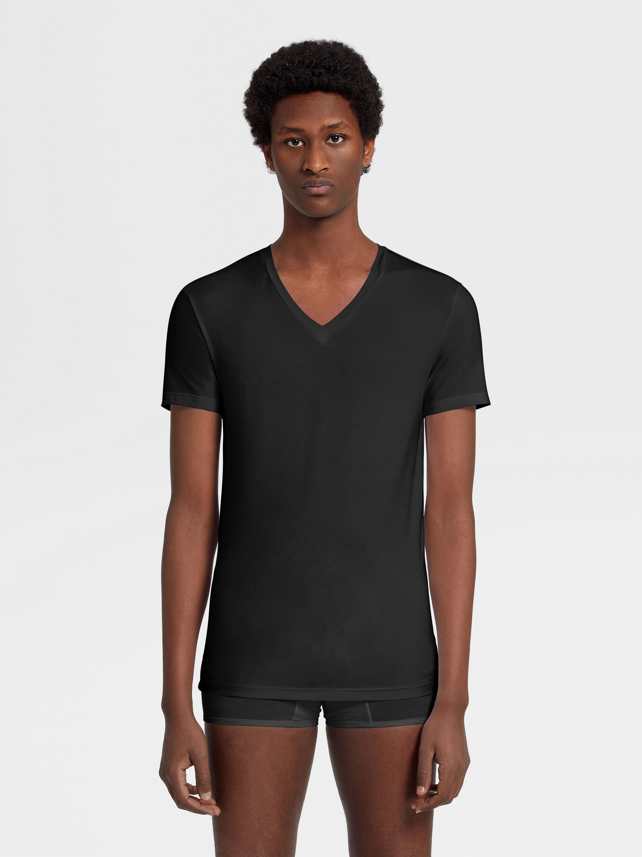 BLACK COTTON V-NECK T-SHIRT - 1